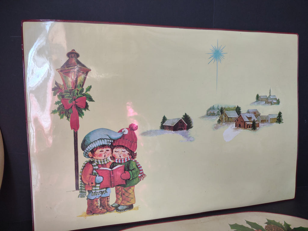 Vintage Christmas Placemats Plastic Double Sided Carolers Holly Nostalgic [1643]
