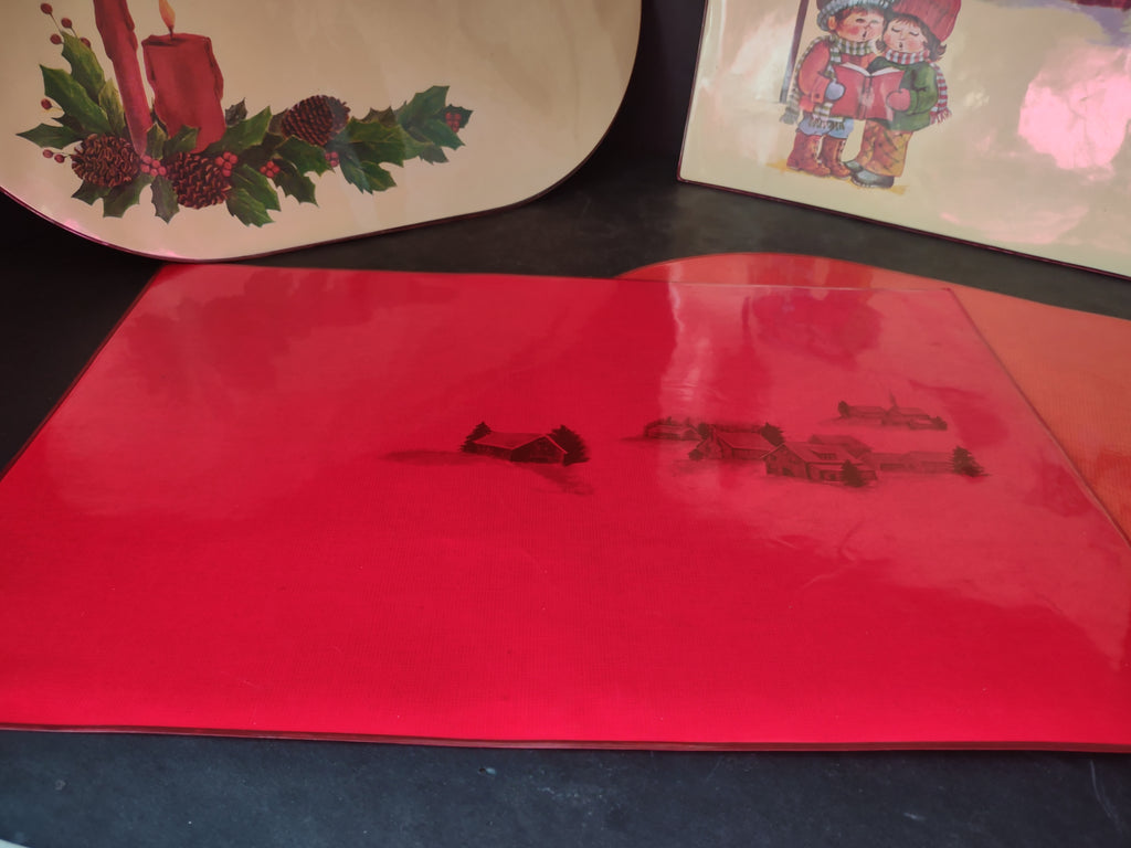 Vintage Christmas Placemats Plastic Double Sided Carolers Holly Nostalgic [1643]