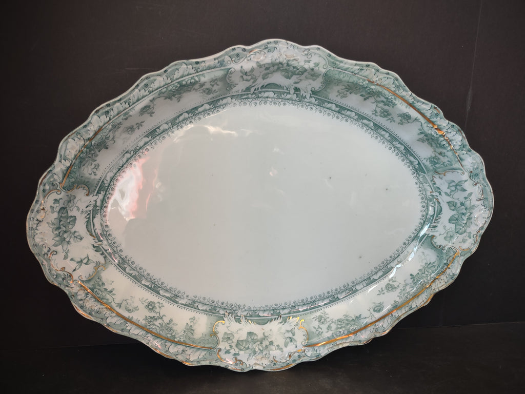 Vintage Green Transferware Large Oval Serving Platter Gold Gilt [5899]