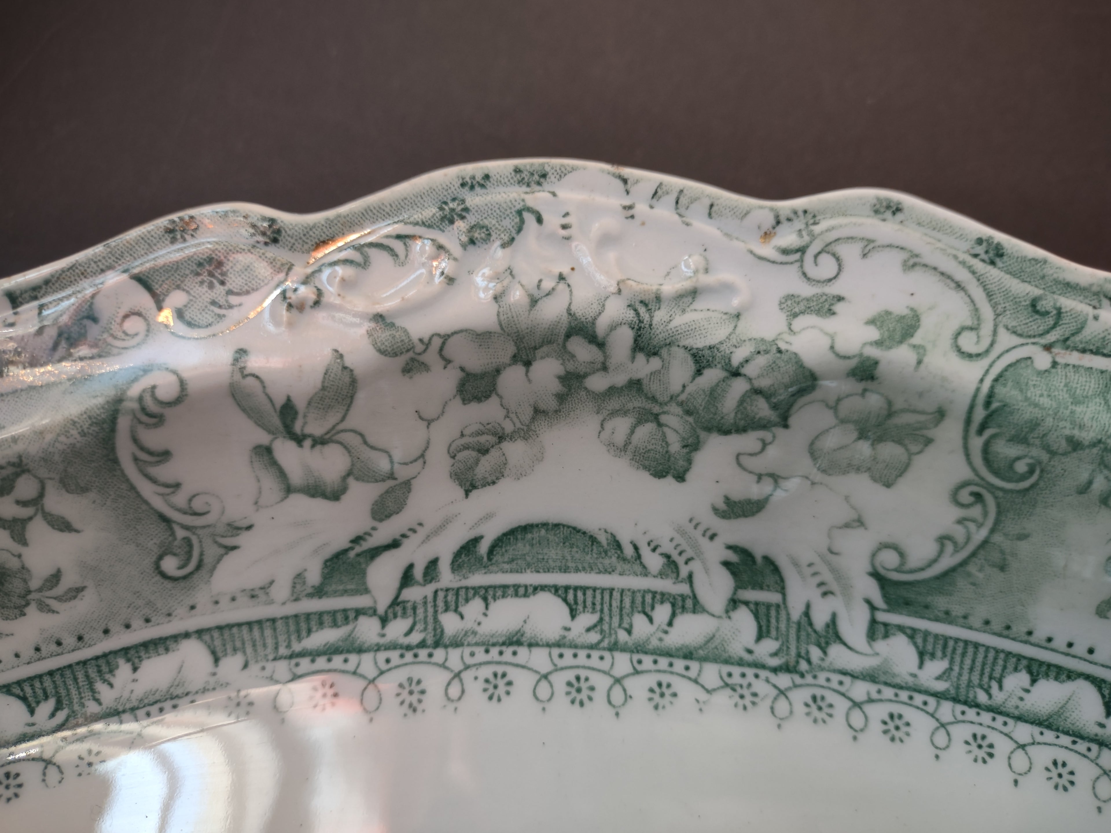 Vintage Green Transferware Large Oval Serving Platter Gold Gilt [5899]