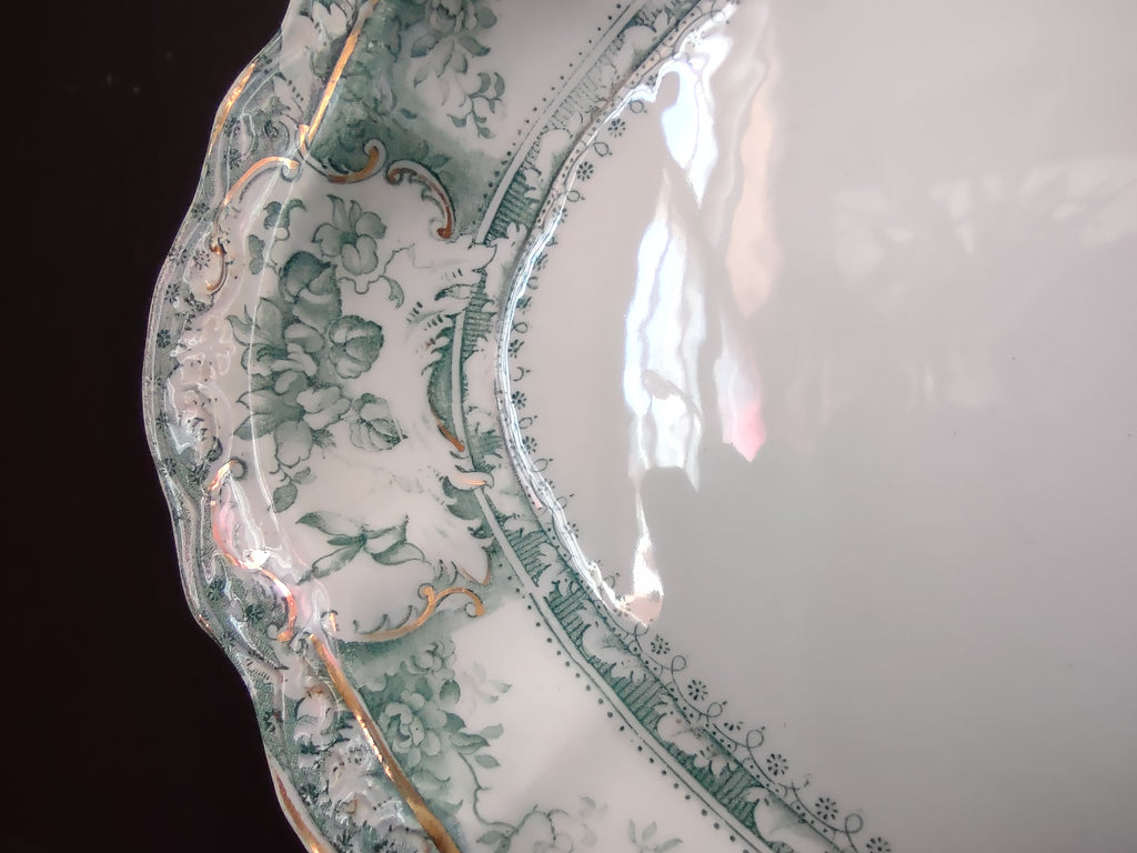 Vintage Green Transferware Large Oval Serving Platter Gold Gilt [5899]