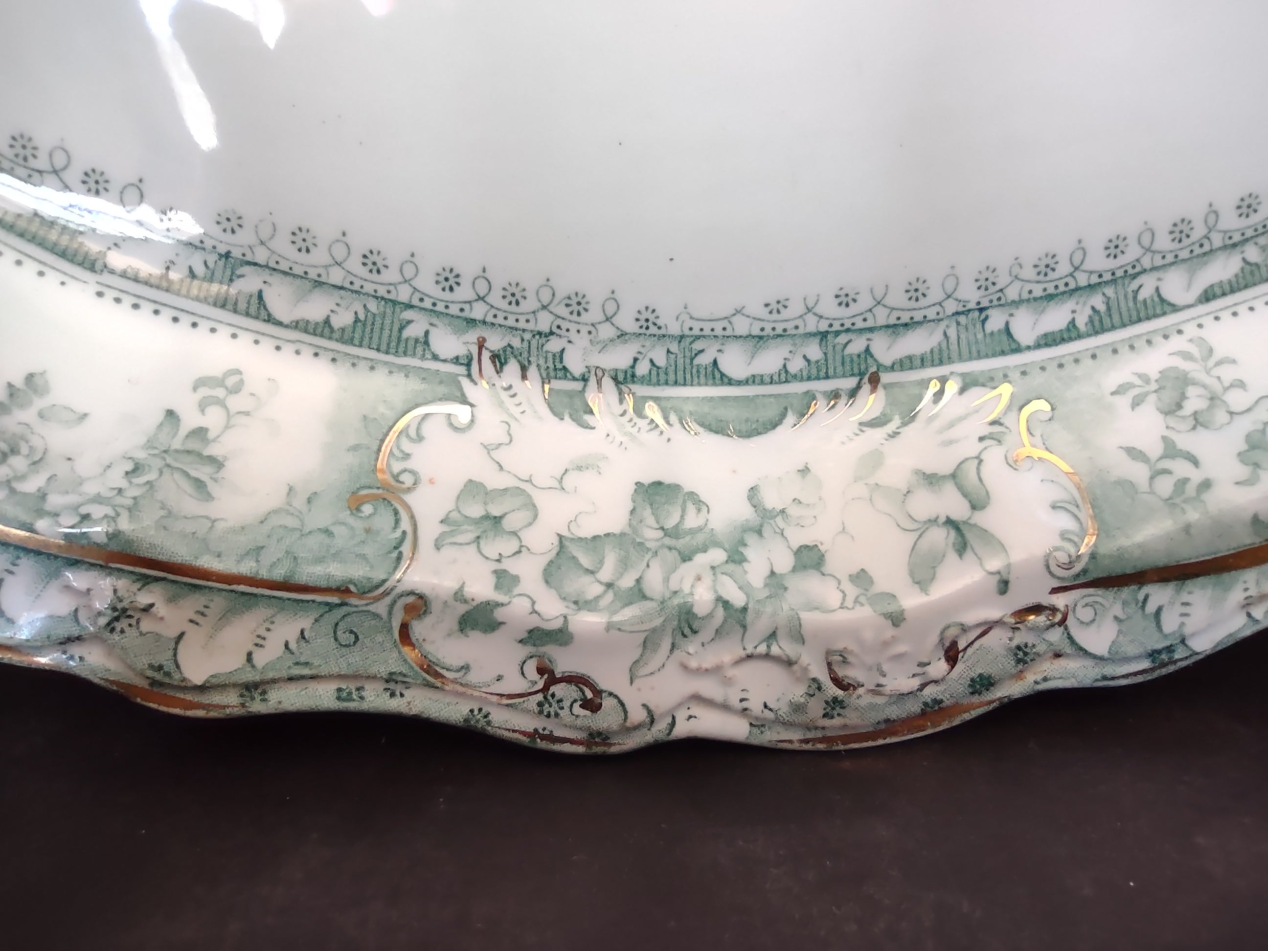 Vintage Green Transferware Large Oval Serving Platter Gold Gilt [5899]