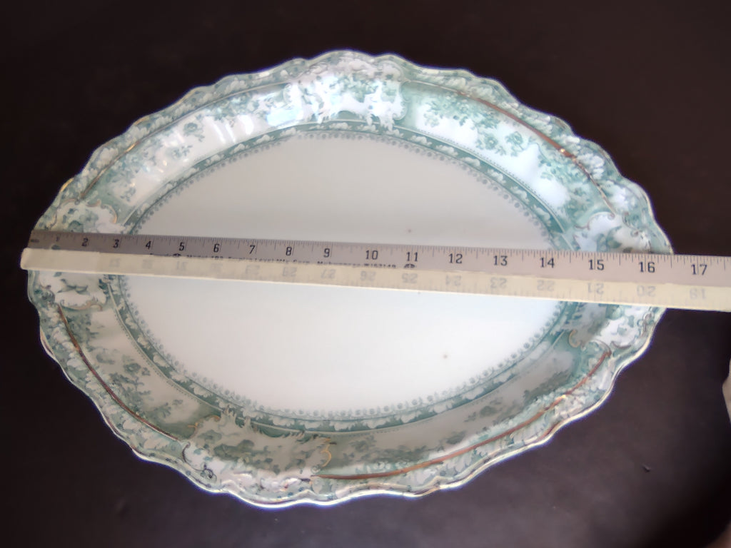 Vintage Green Transferware Large Oval Serving Platter Gold Gilt [5899]