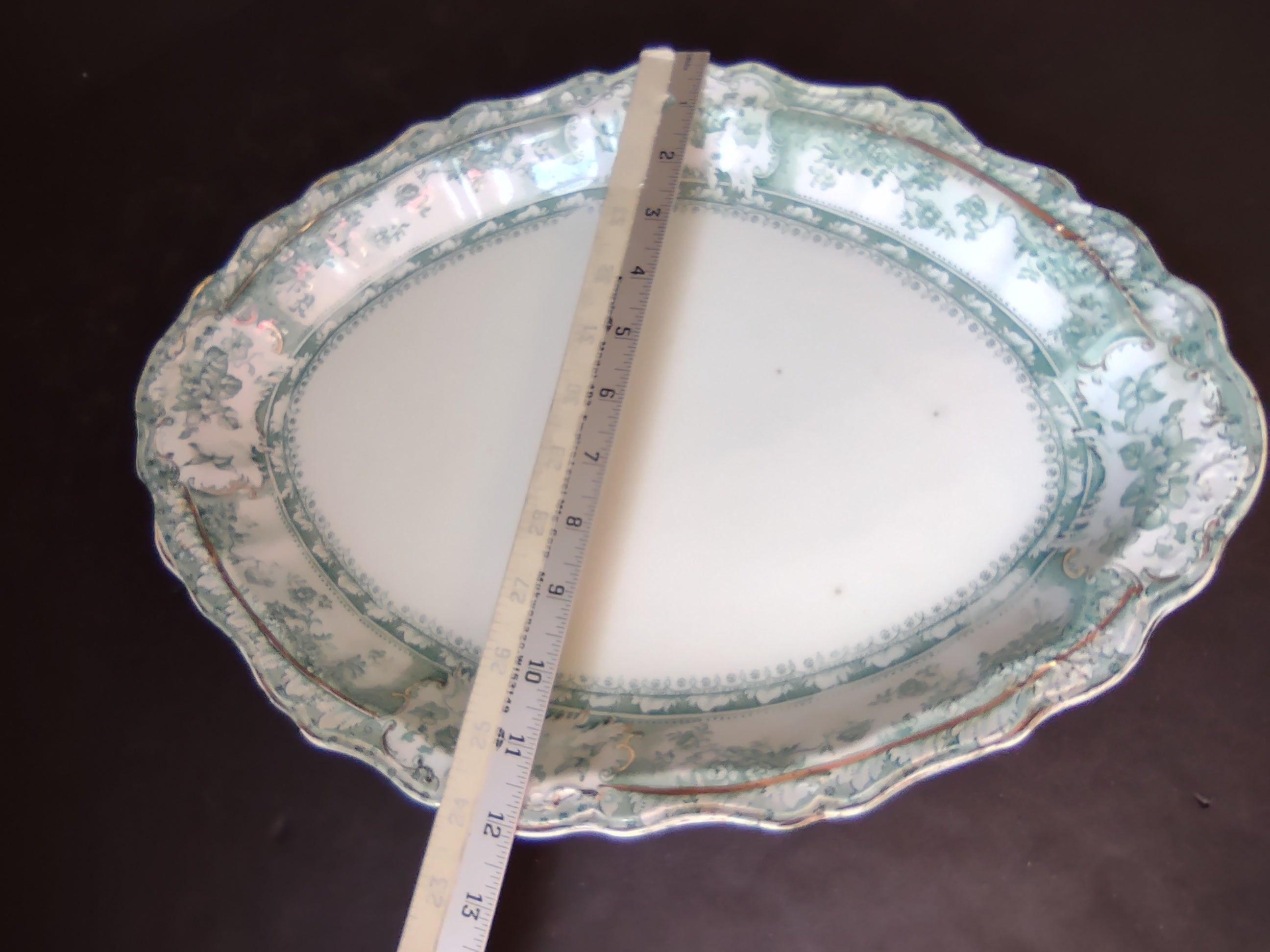 Vintage Green Transferware Large Oval Serving Platter Gold Gilt [5899]
