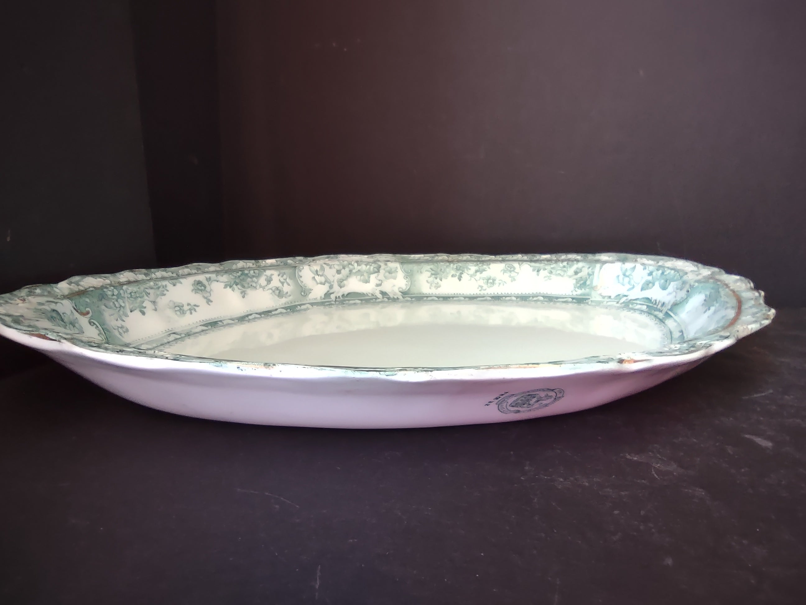 Vintage Green Transferware Large Oval Serving Platter Gold Gilt [5899]