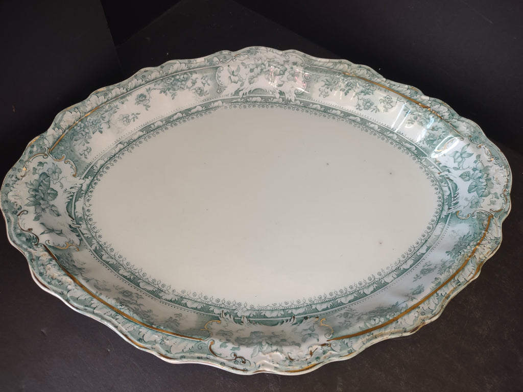Vintage Green Transferware Large Oval Serving Platter Gold Gilt [5899]