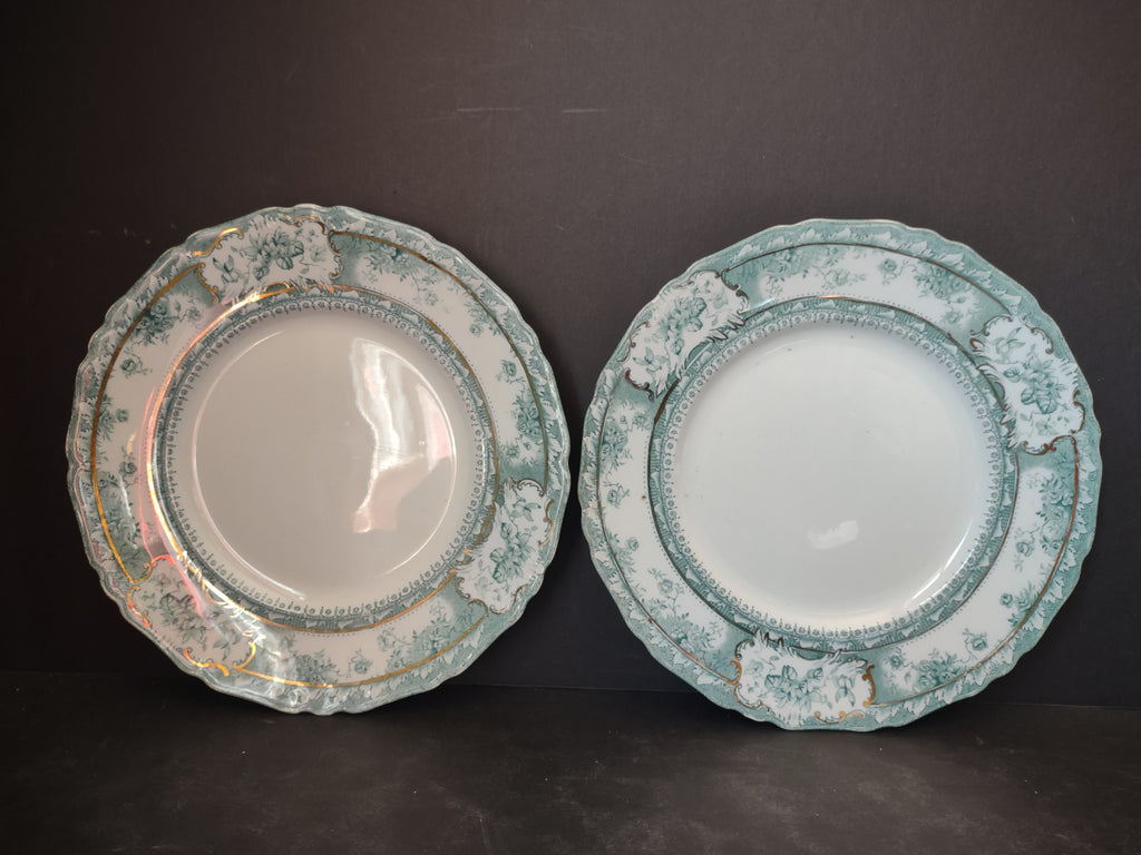 Vintage Green Transferware Floral Plates Pair Gold Gilt England IMPERFECT [5900]