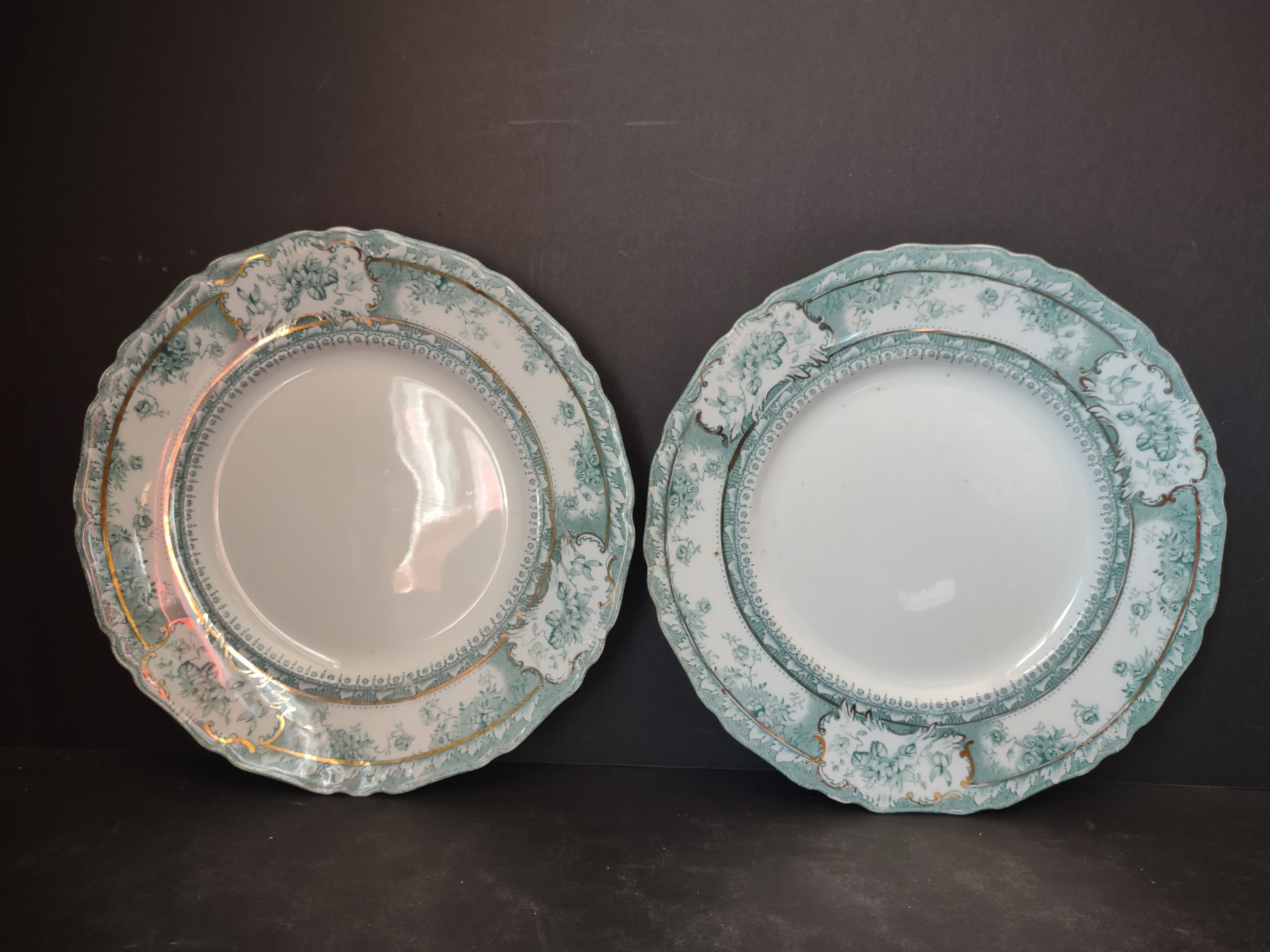 Vintage Green Transferware Floral Plates Pair Gold Gilt England IMPERFECT [5900]