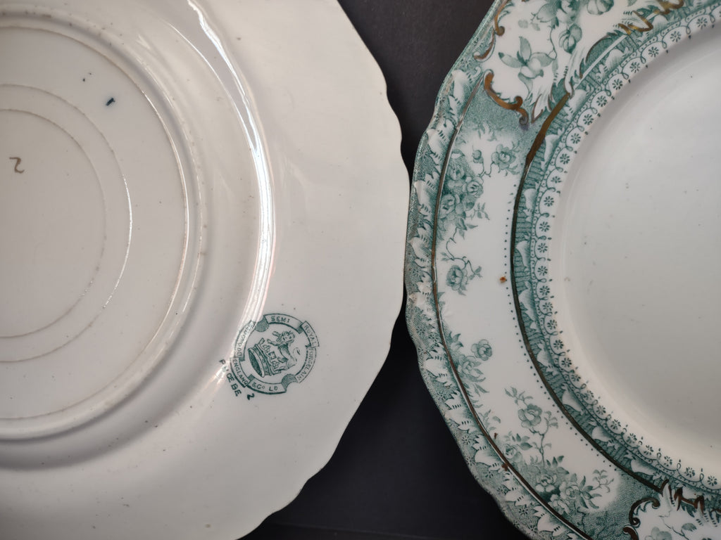 Vintage Green Transferware Floral Plates Pair Gold Gilt England IMPERFECT [5900]