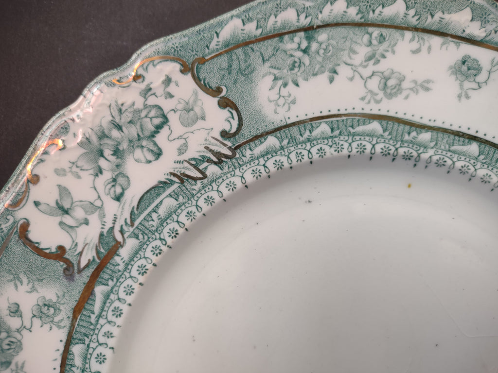 Vintage Green Transferware Floral Plates Pair Gold Gilt England IMPERFECT [5900]