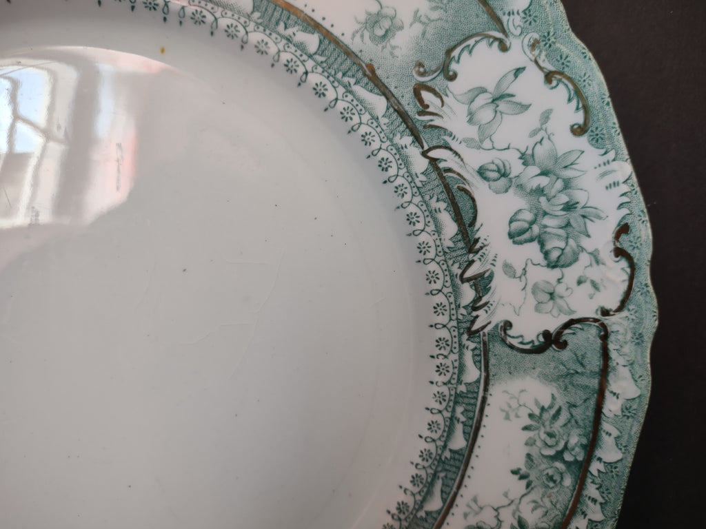 Vintage Green Transferware Floral Plates Pair Gold Gilt England IMPERFECT [5900]