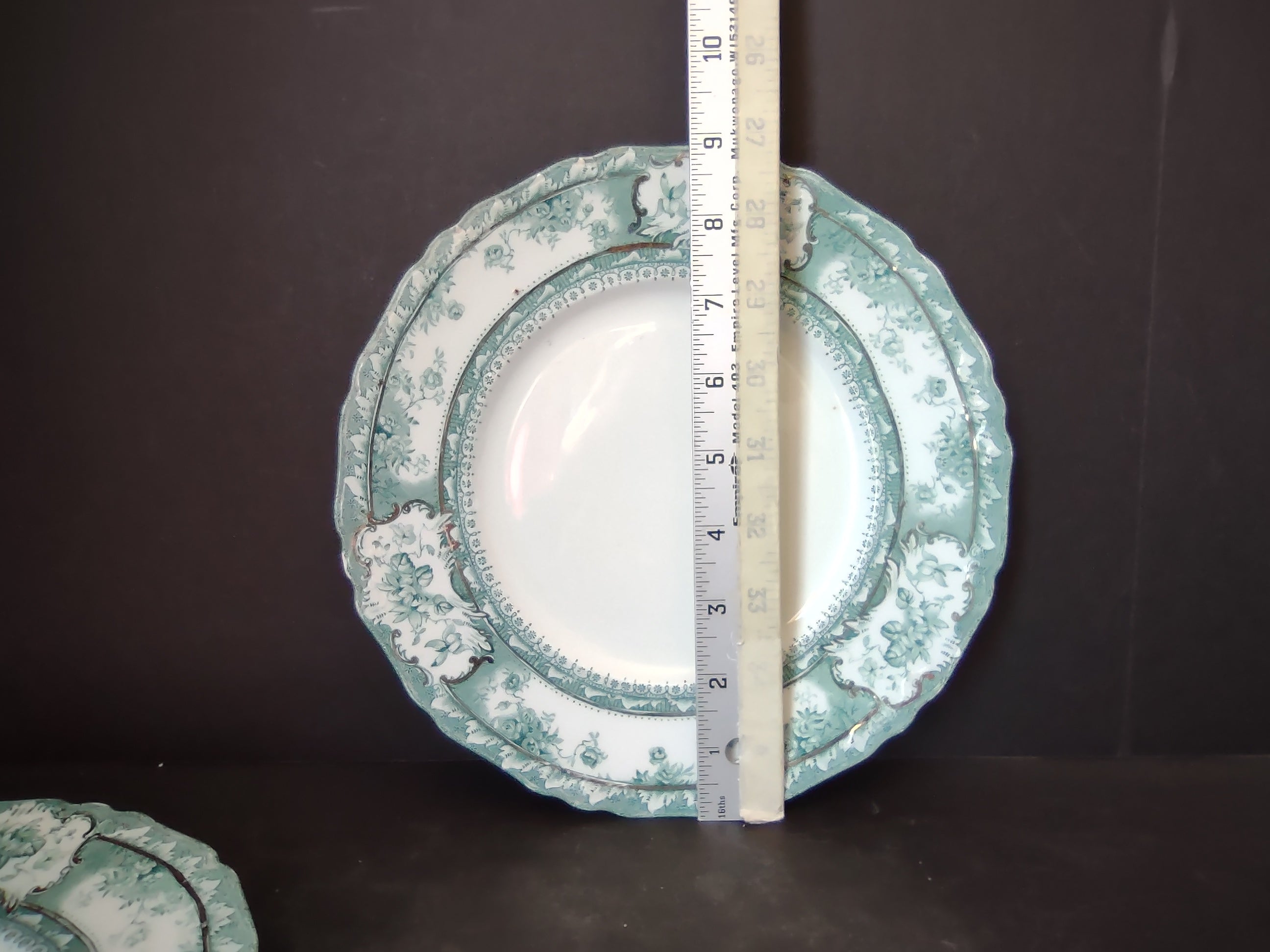 Vintage Green Transferware Floral Plates Pair Gold Gilt England IMPERFECT [5900]