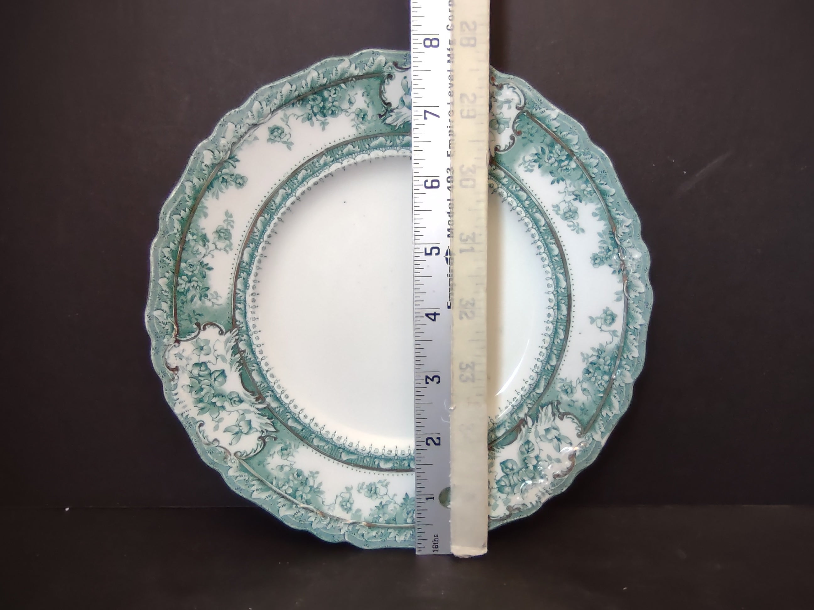 Vintage Green Transferware Dinner Plate Floral Scrollwork Gold Gilt [5901]
