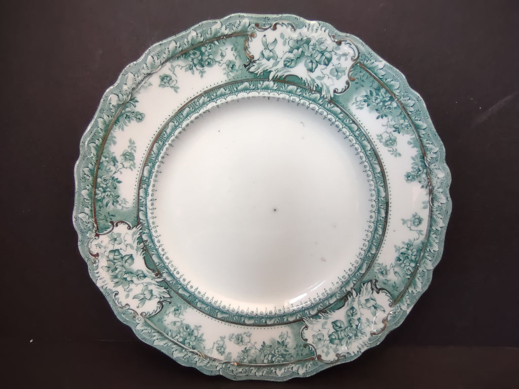 Vintage Green Transferware Dinner Plate Floral Scrollwork Gold Gilt [5901]