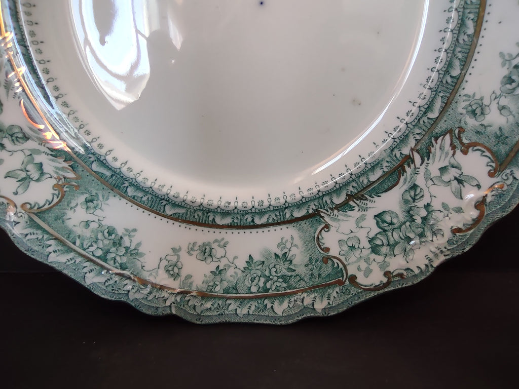 Vintage Green Transferware Dinner Plate Floral Scrollwork Gold Gilt [5901]
