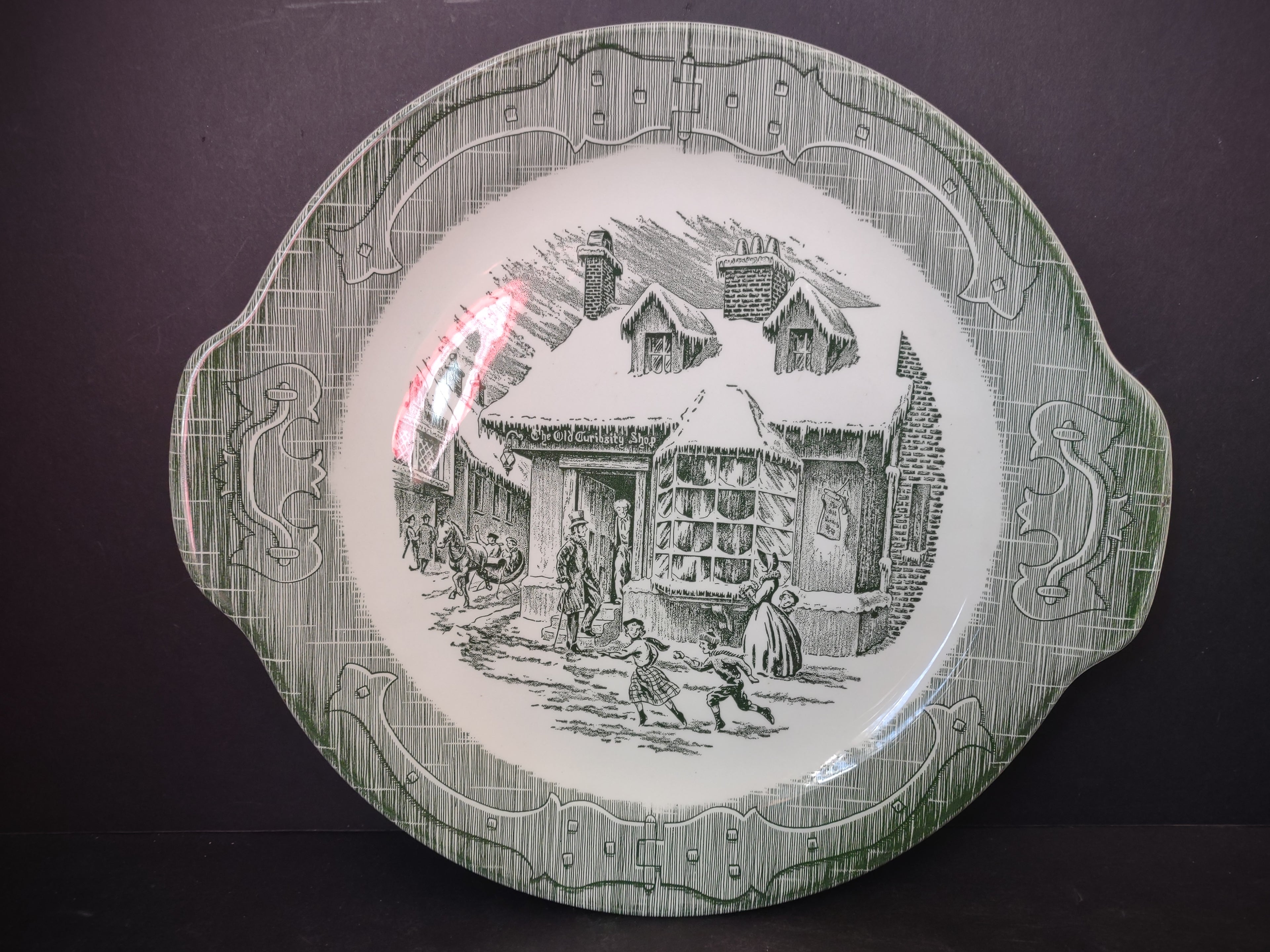 Vintage Victorian Old Curiosity Shop Green Transfer Ware Handle Plate [5897]