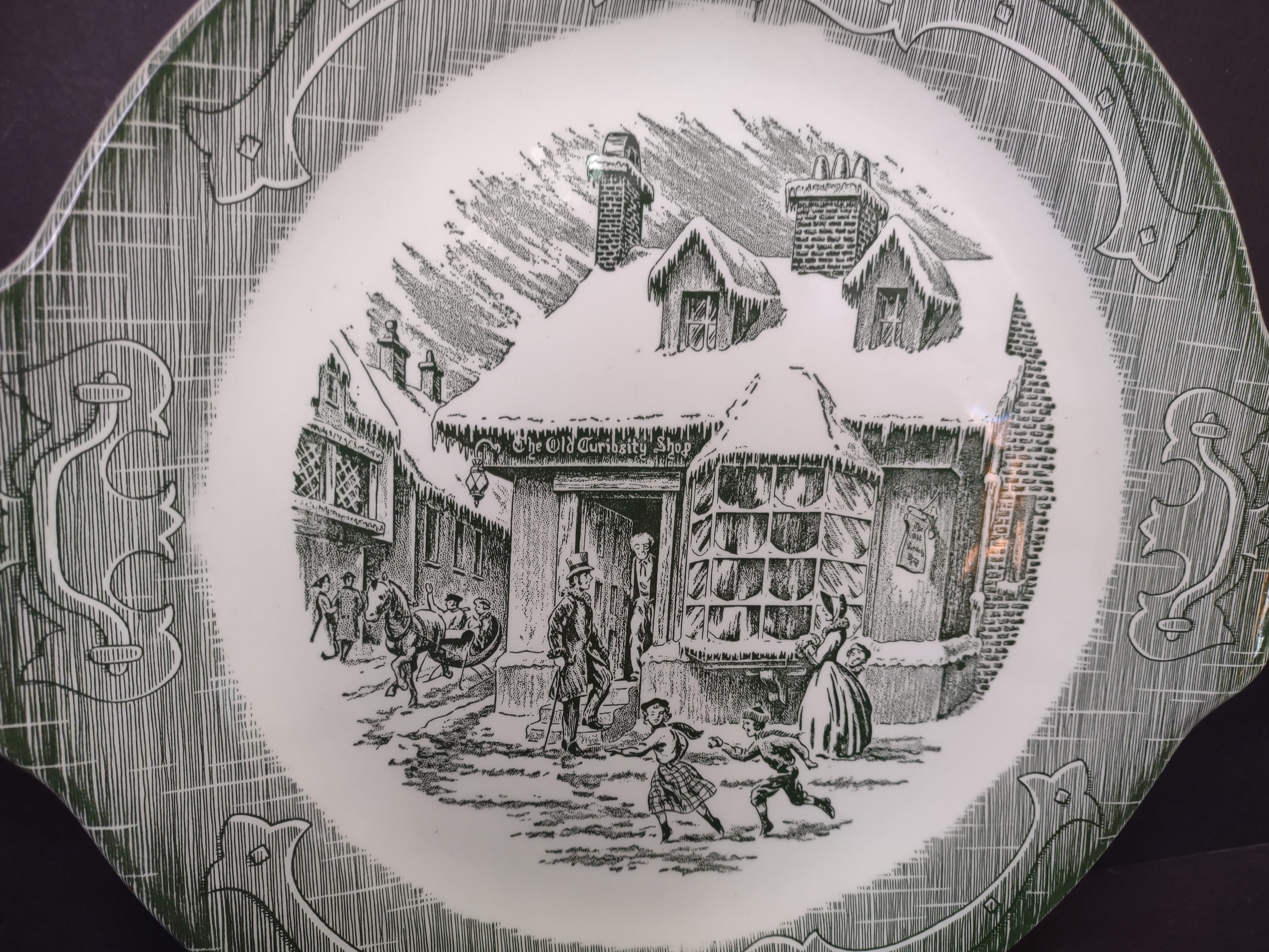 Vintage Victorian Old Curiosity Shop Green Transfer Ware Handle Plate [5897]