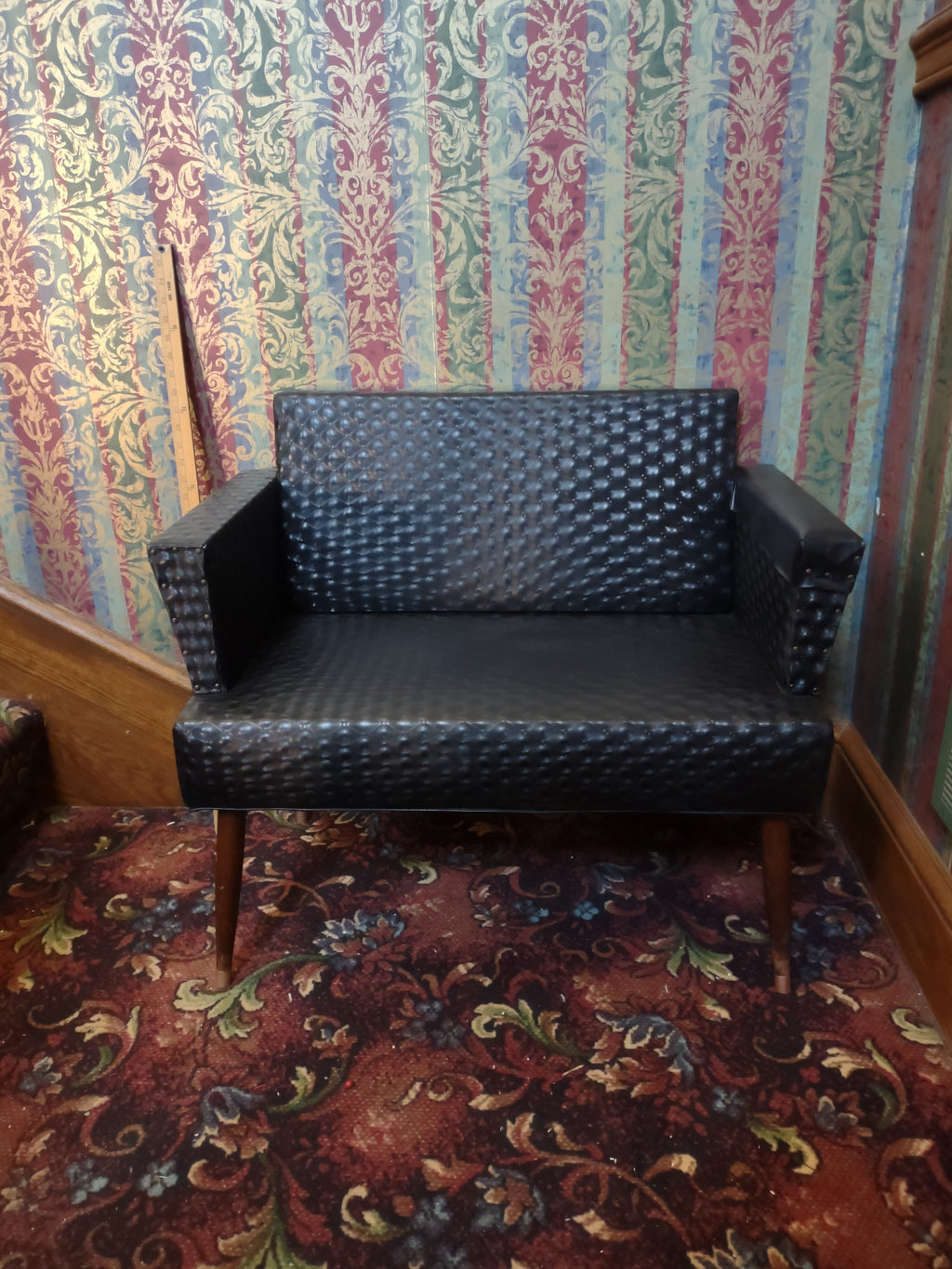 Vintage Mid-Century Black Tufted Vinyl Loveseat Settee Tapered Legs [6251]