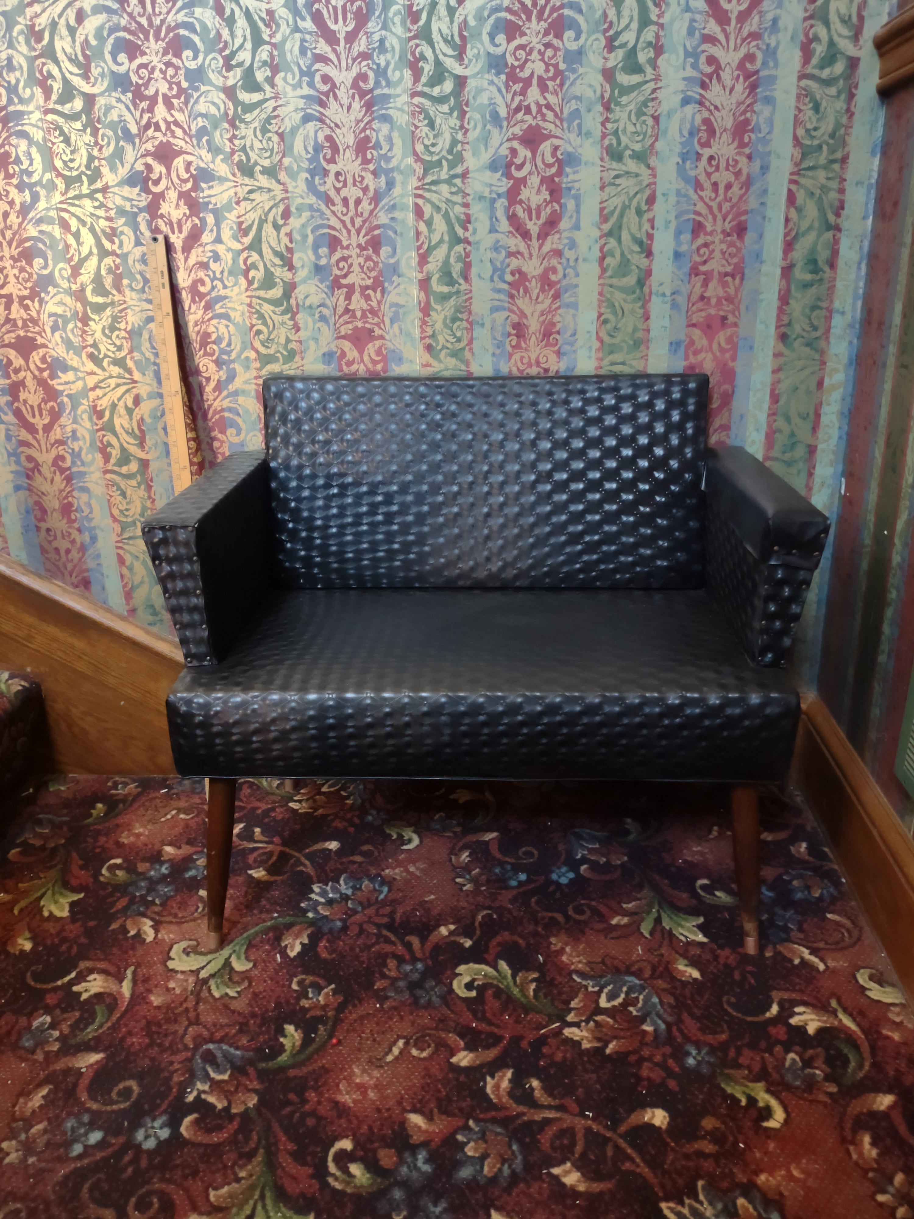 Vintage Mid-Century Black Tufted Vinyl Loveseat Settee Tapered Legs [6251]