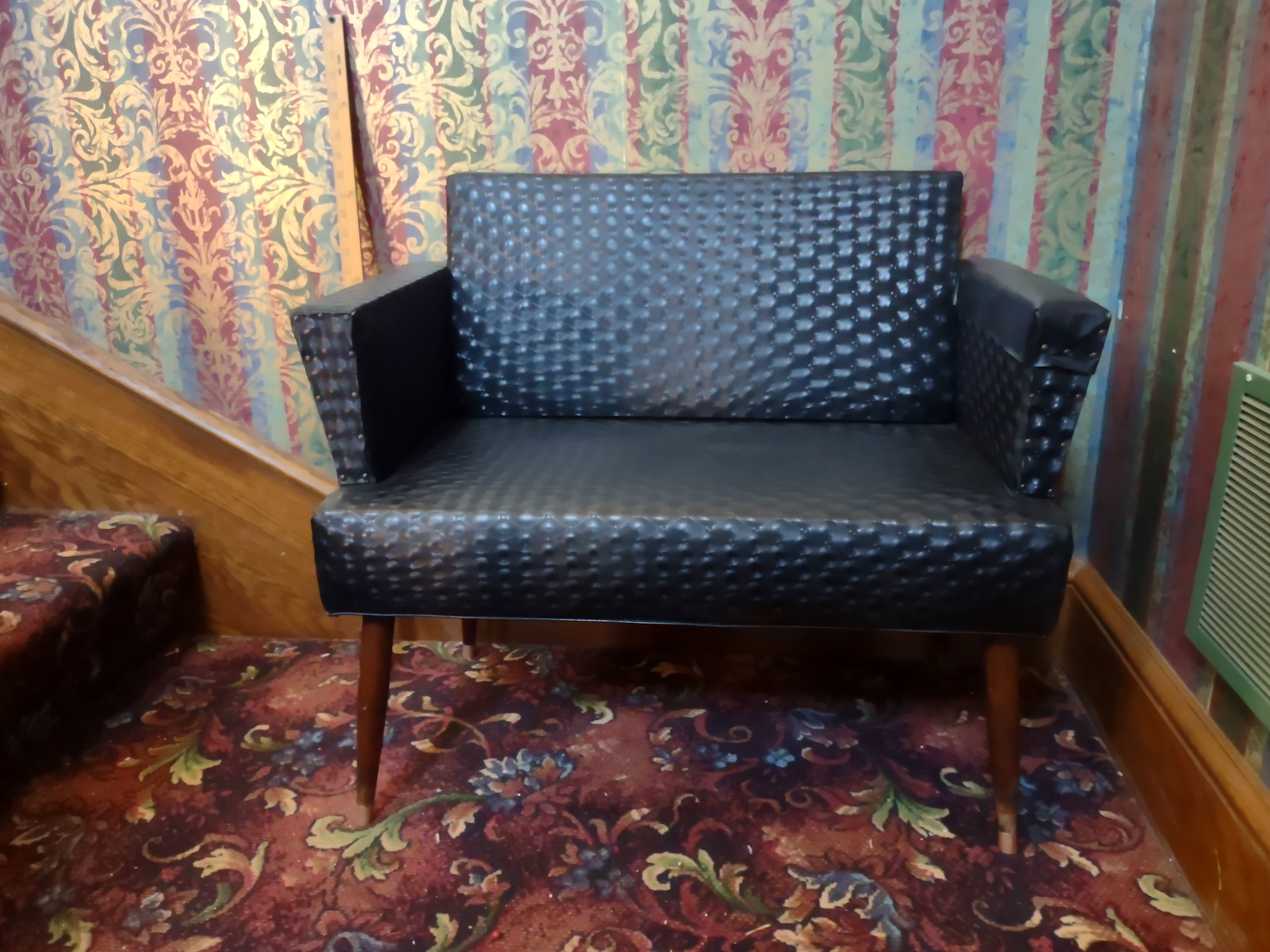 Vintage Mid-Century Black Tufted Vinyl Loveseat Settee Tapered Legs [6251]