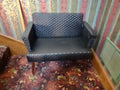 Vintage Mid-Century Black Tufted Vinyl Loveseat Settee Tapered Legs [6251]