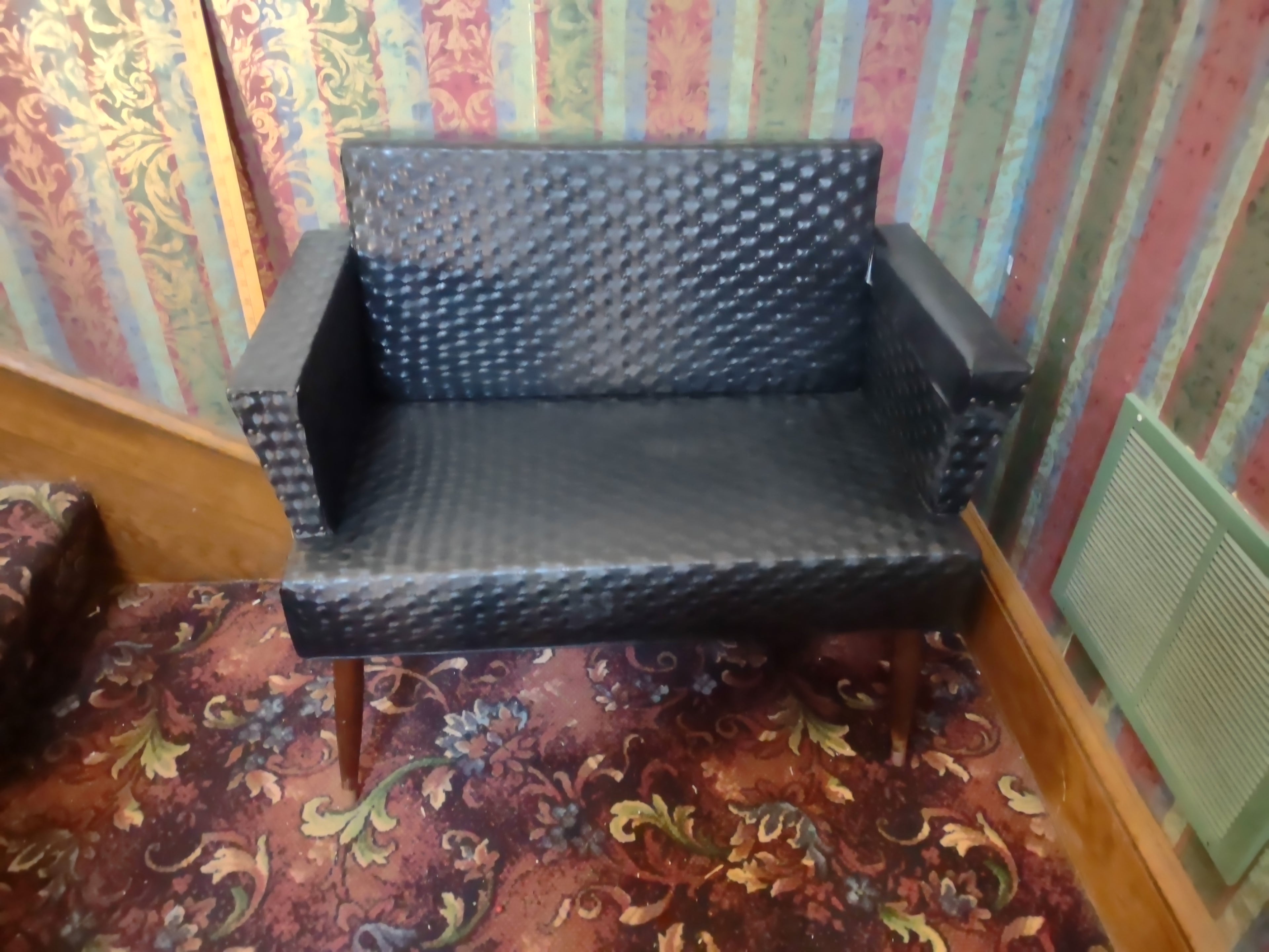 Vintage Mid-Century Black Tufted Vinyl Loveseat Settee Tapered Legs [6251]