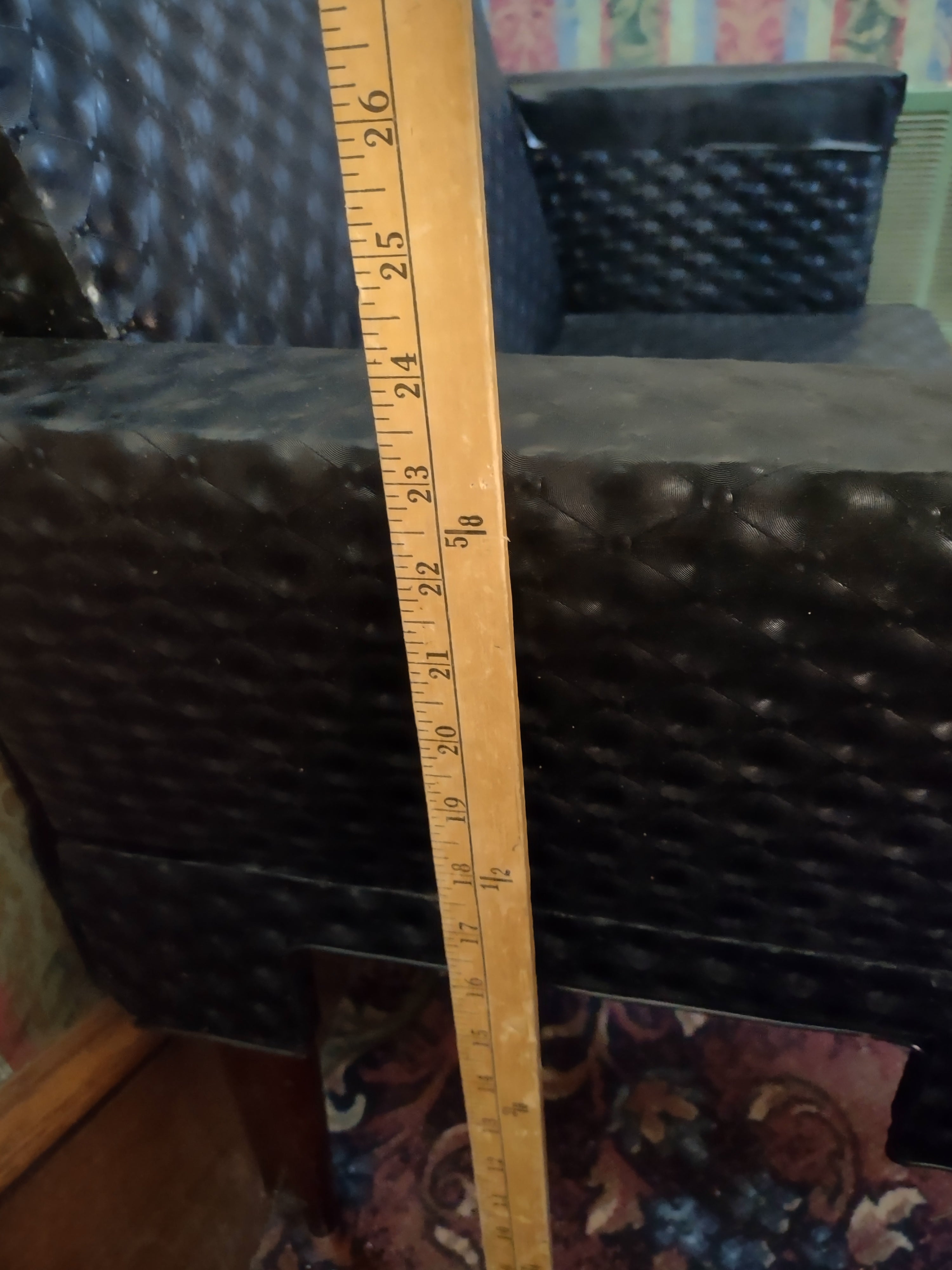 Vintage Mid-Century Black Tufted Vinyl Loveseat Settee Tapered Legs [6251]