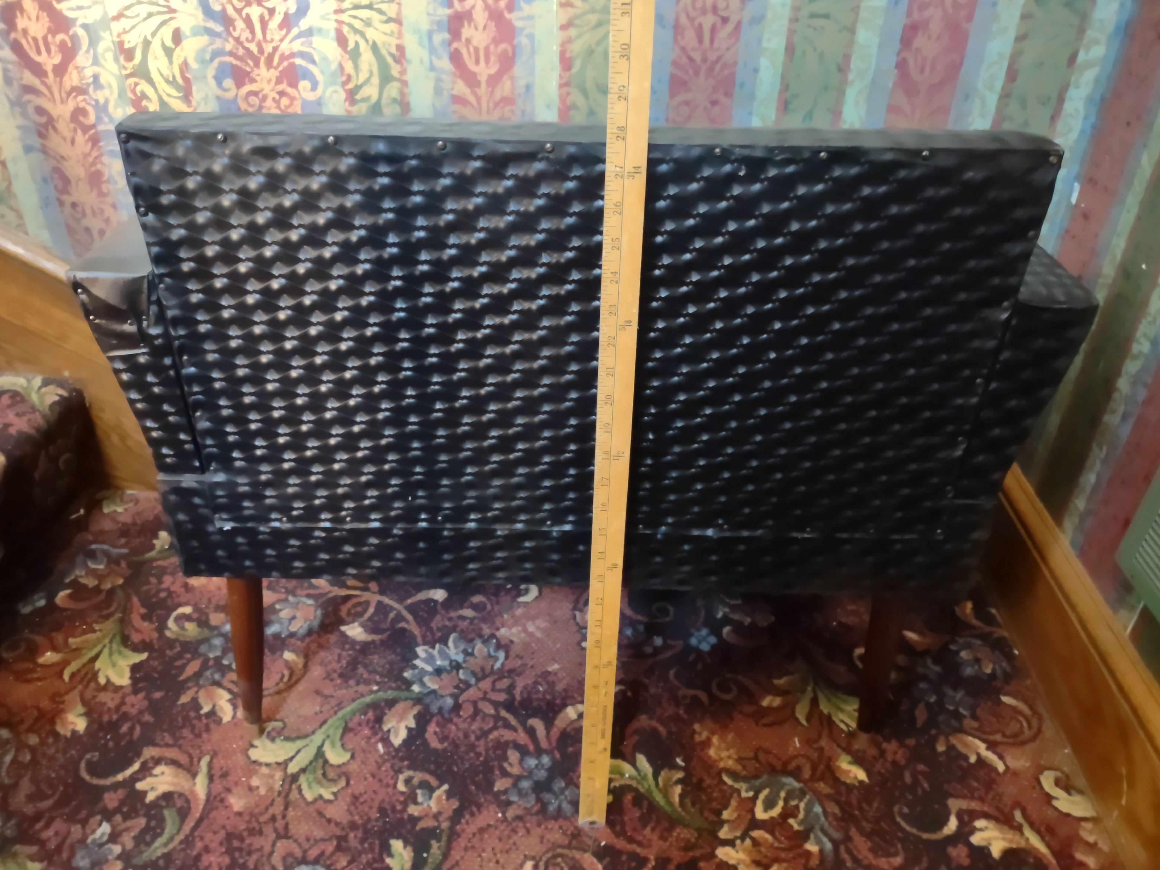 Vintage Mid-Century Black Tufted Vinyl Loveseat Settee Tapered Legs [6251]