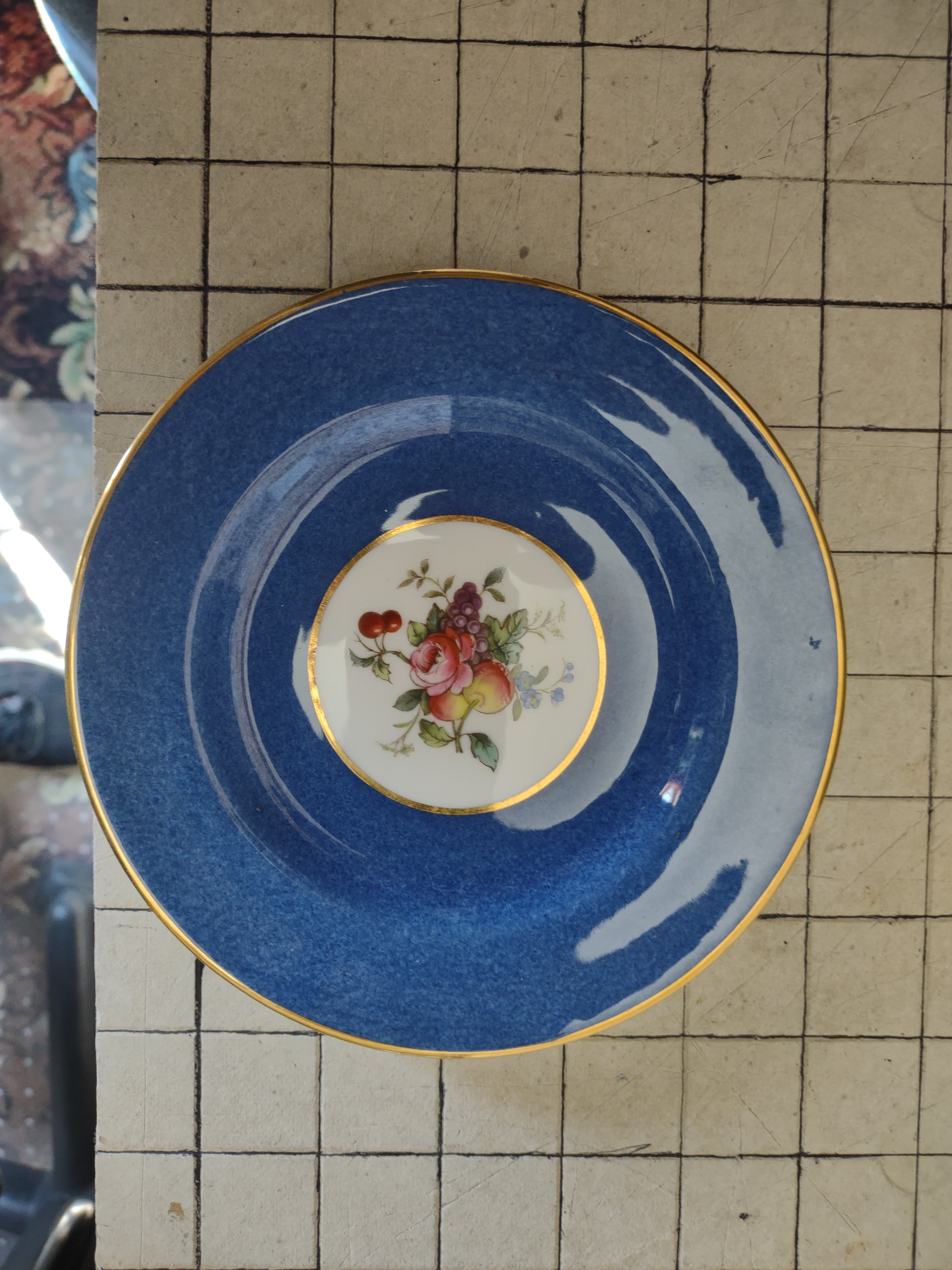 Vintage Blue Spode Fruit Floral Gold Trim Saucer Cottagecore Roses [5912]