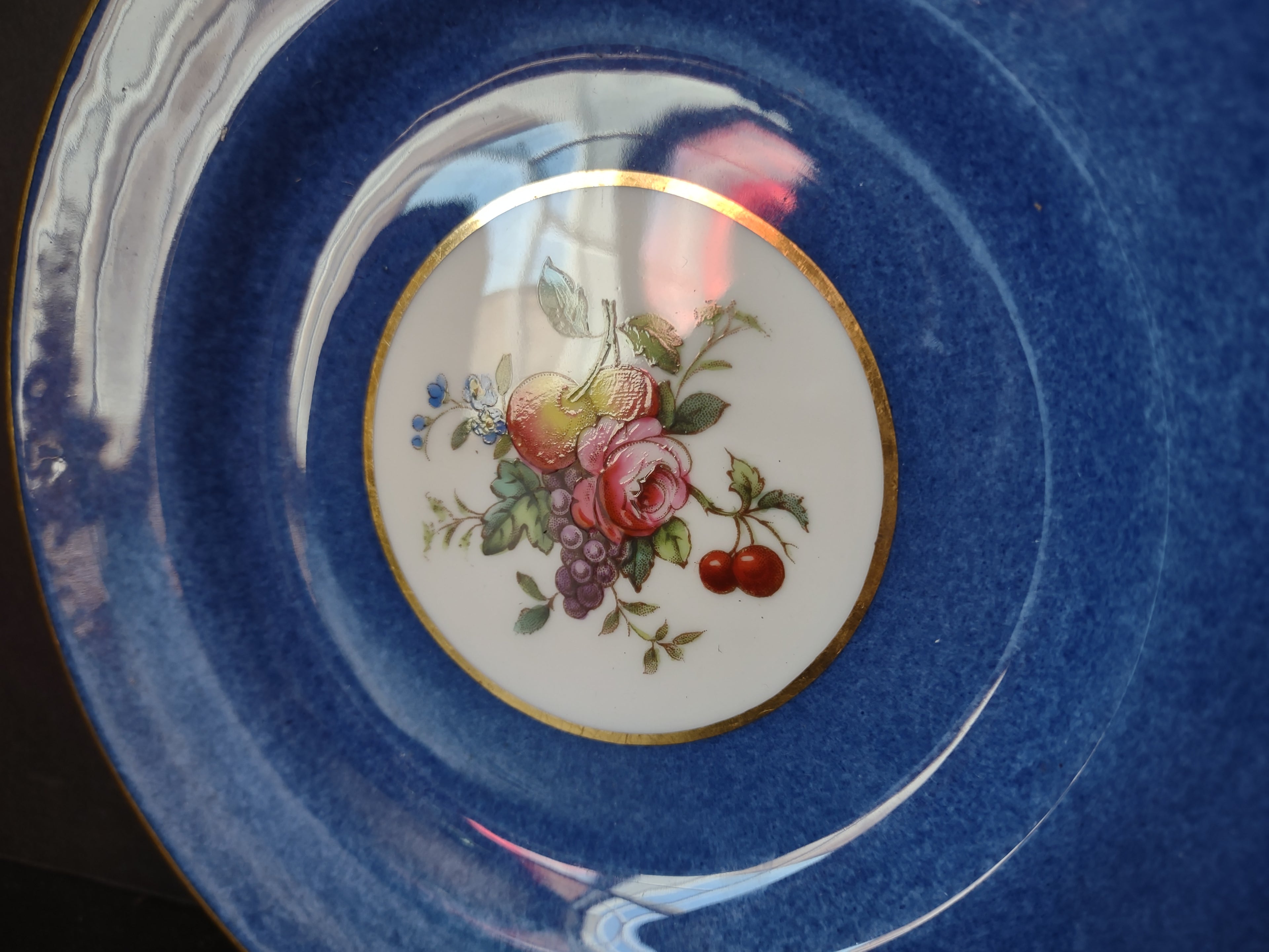 Vintage Blue Spode Fruit Floral Gold Trim Saucer Cottagecore Roses [5912]