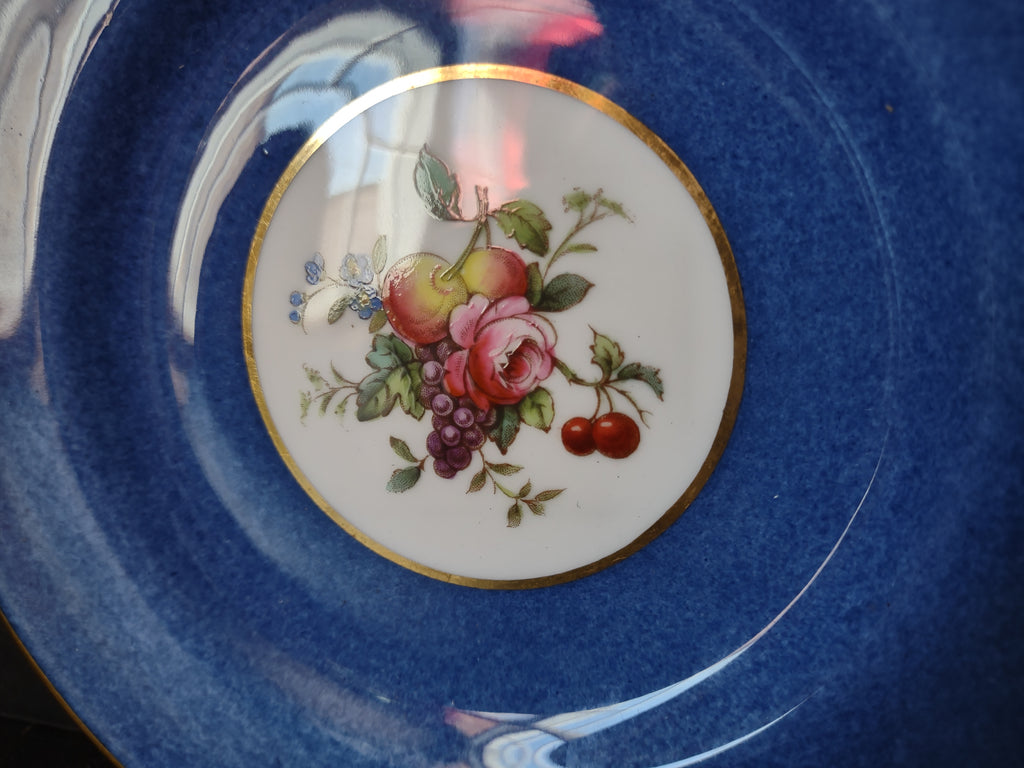 Vintage Blue Spode Fruit Floral Gold Trim Saucer Cottagecore Roses [5912]