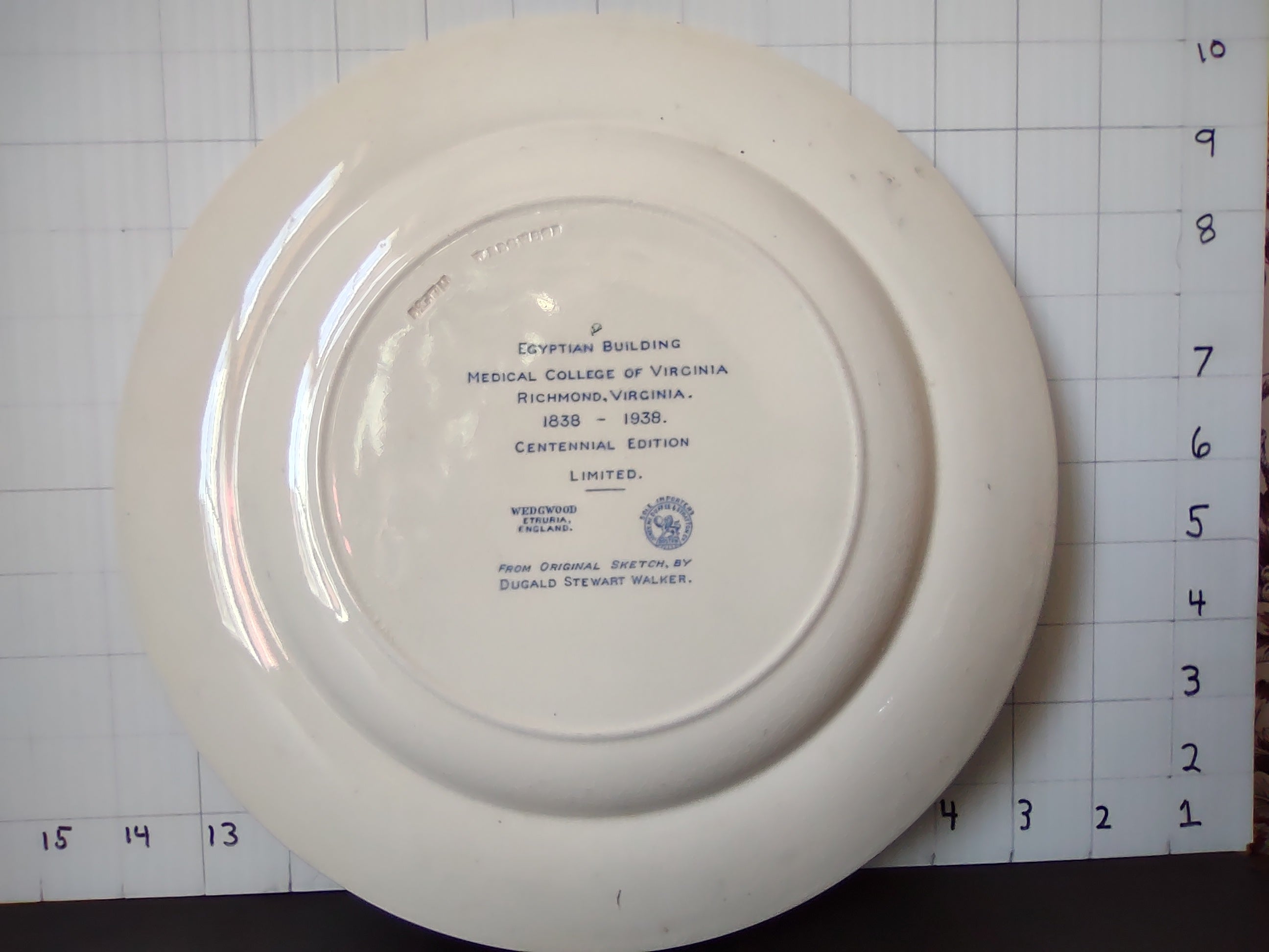 Vintage Wedgwood Egyptian Building Medical College of Virginia Blue Transferware Plate [5916]