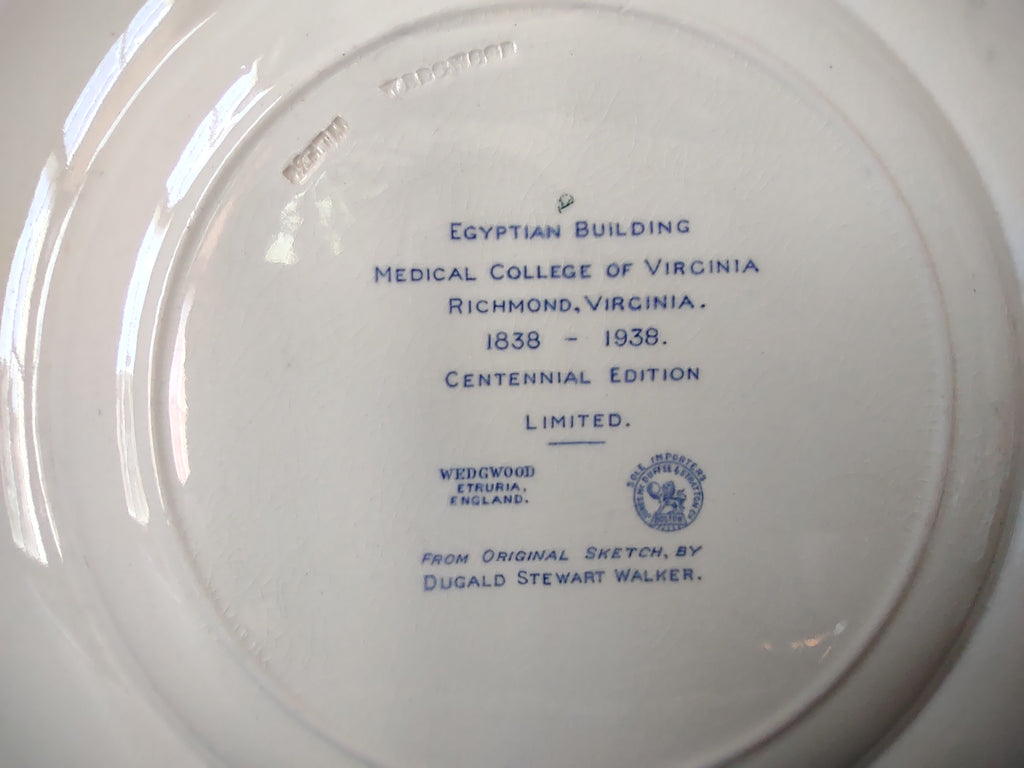 Vintage Wedgwood Egyptian Building Medical College of Virginia Blue Transferware Plate [5916]