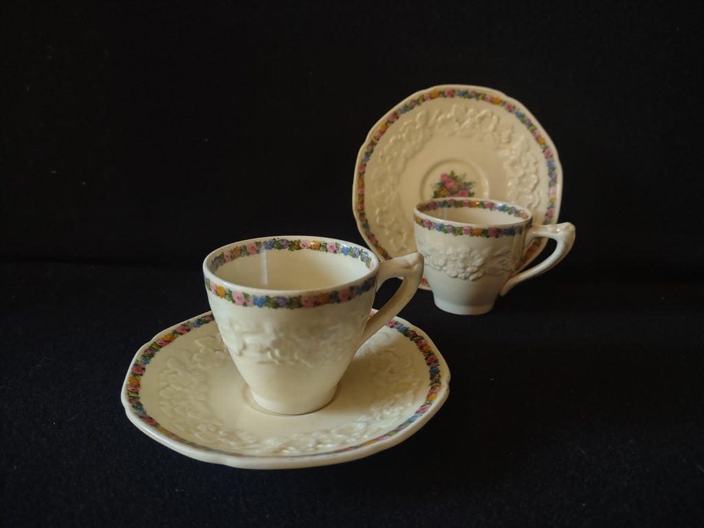 Vintage Crown Ducal Gainsborough Demitasse Cup Saucer Pair Embossed Floral [5920]