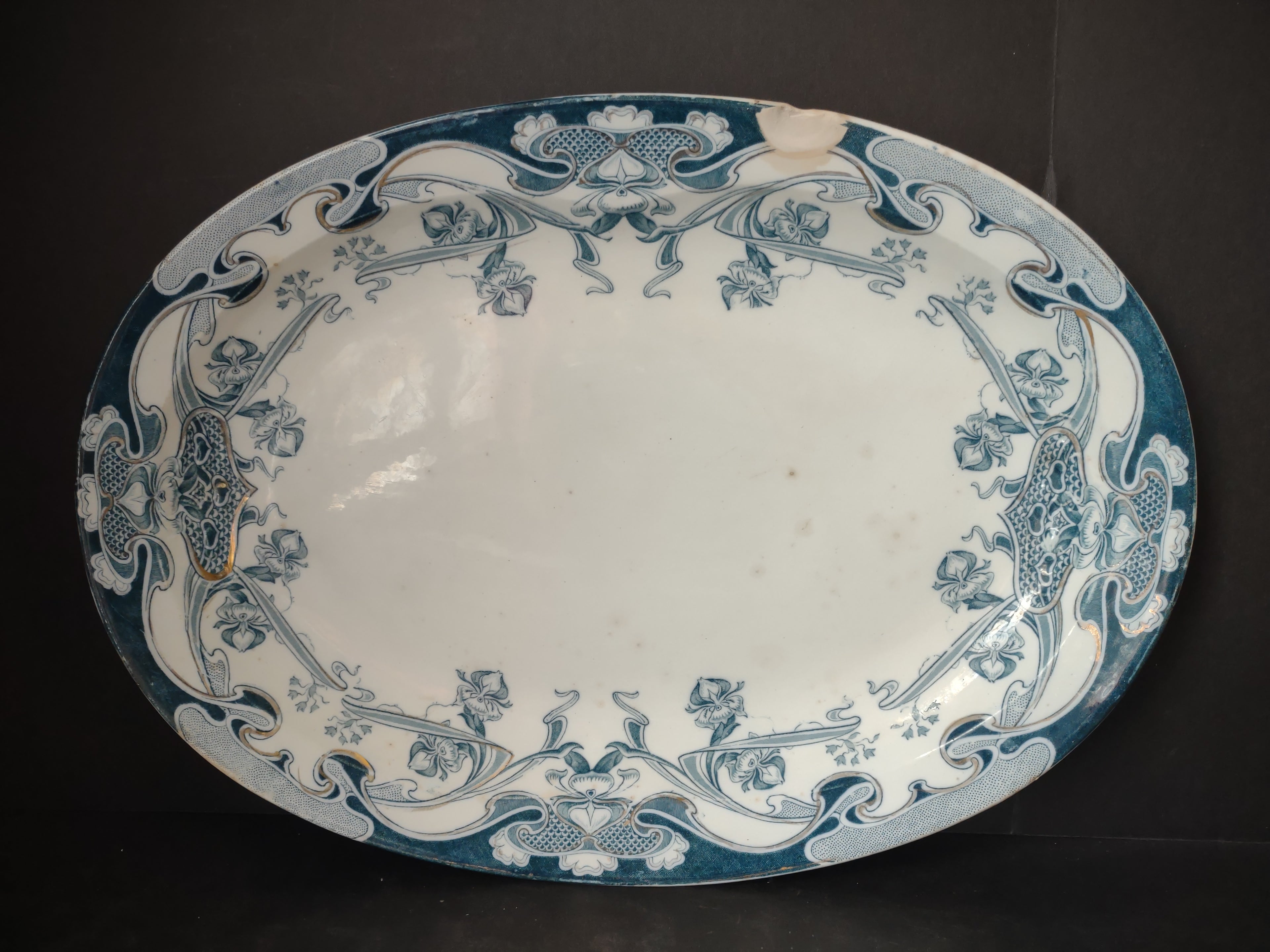 Vintage Royal Staffordshire Iris Teal Transferware Oval Platter CHIP [5940]