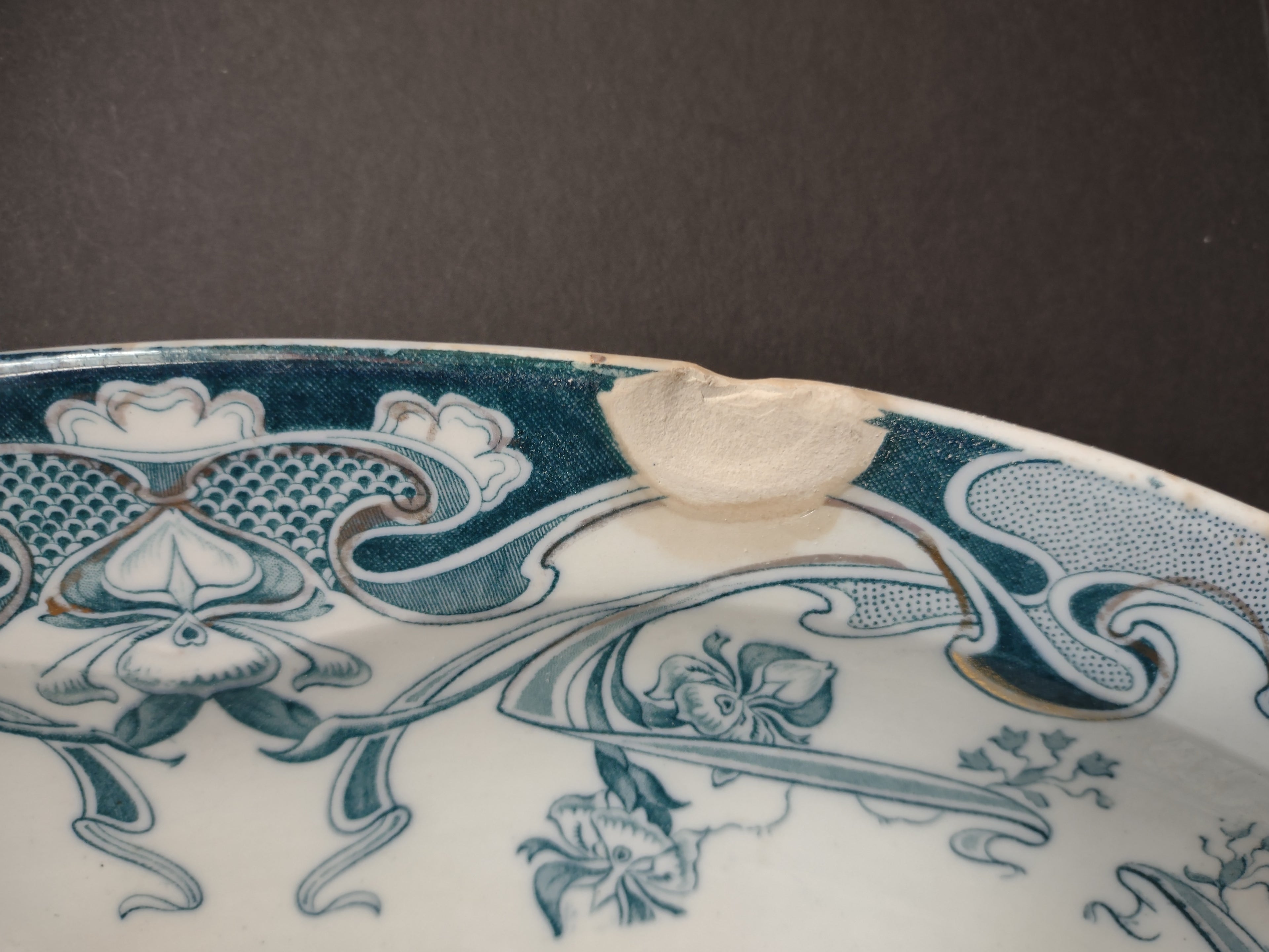 Vintage Royal Staffordshire Iris Teal Transferware Oval Platter CHIP [5940]