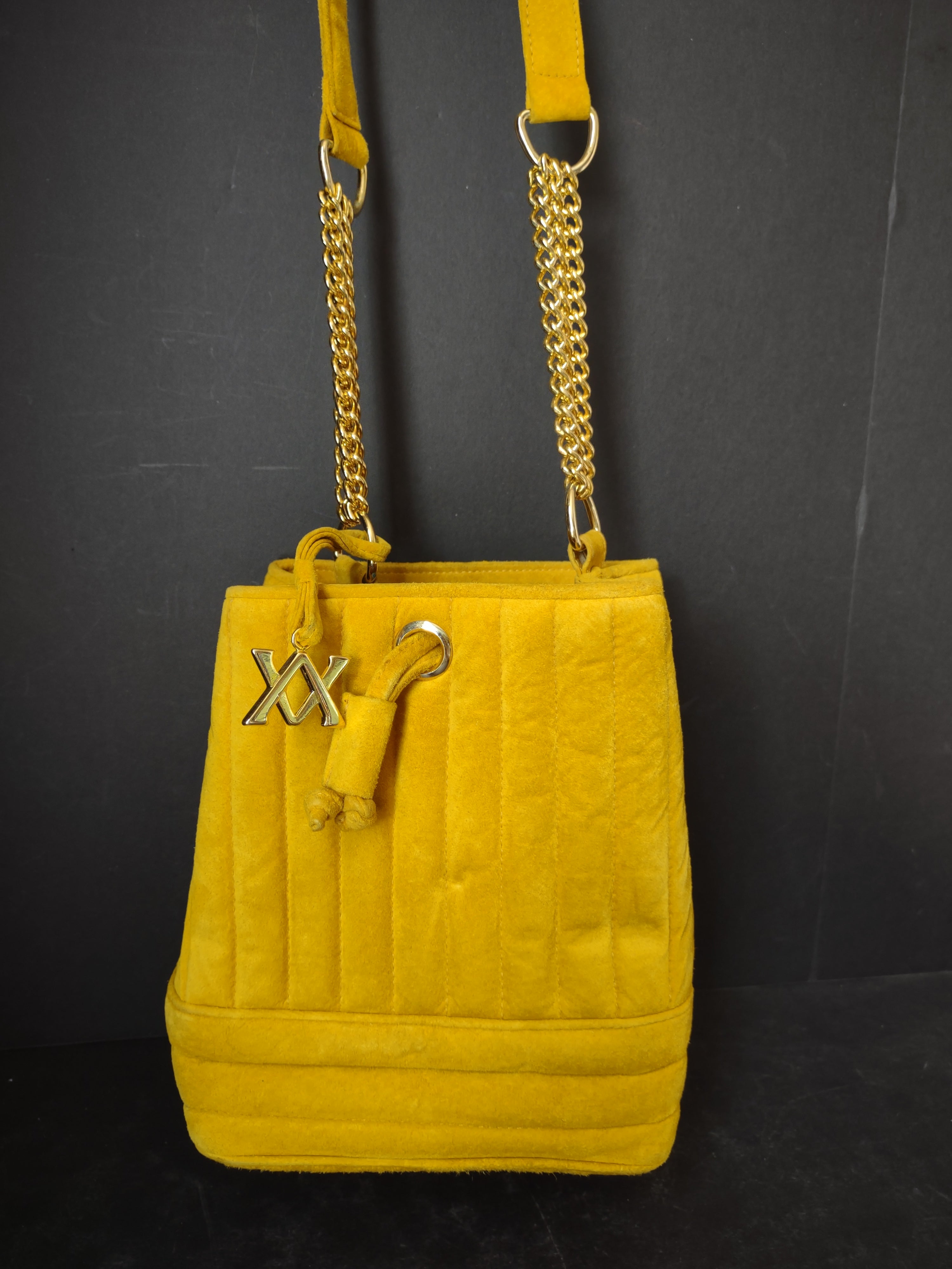 Vintage Adrienne Vittadini Yellow Mustard Suede Bucket Bag Crossbody [4402]