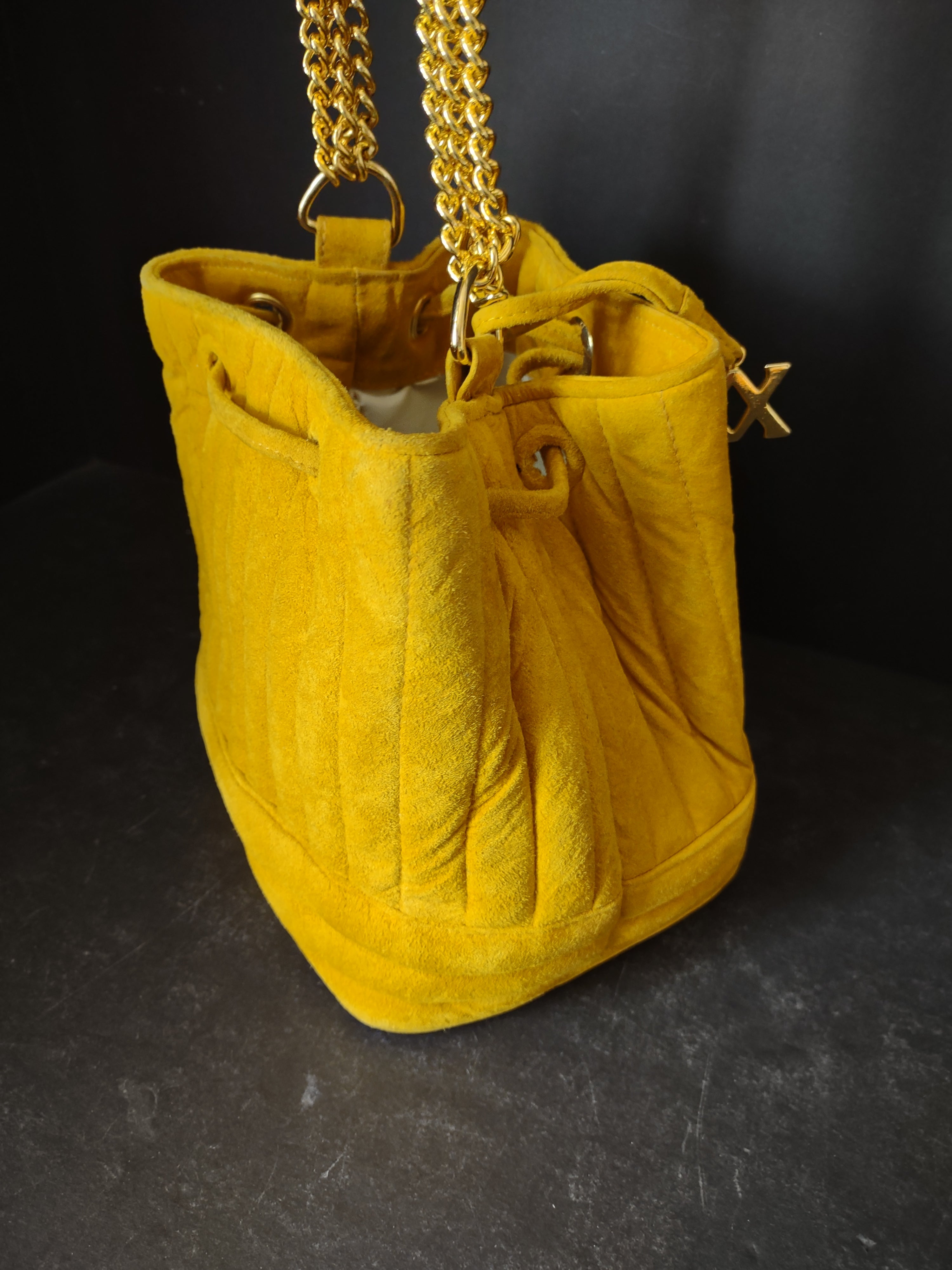 Vintage Adrienne Vittadini Yellow Mustard Suede Bucket Bag Crossbody [4402]