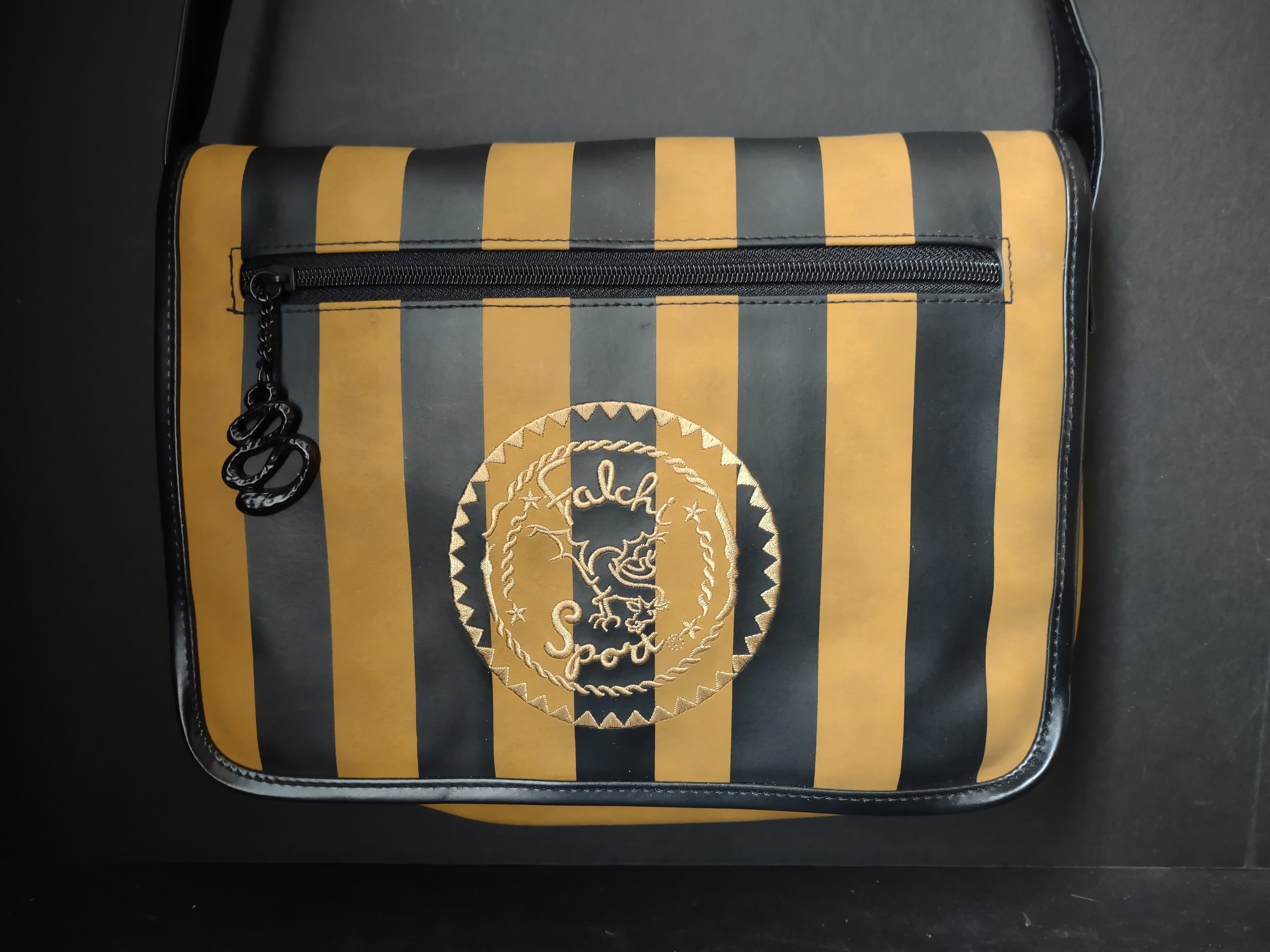 Vintage Falchi Sport Striped Crossbody Messenger Bag Black Gold [4406]