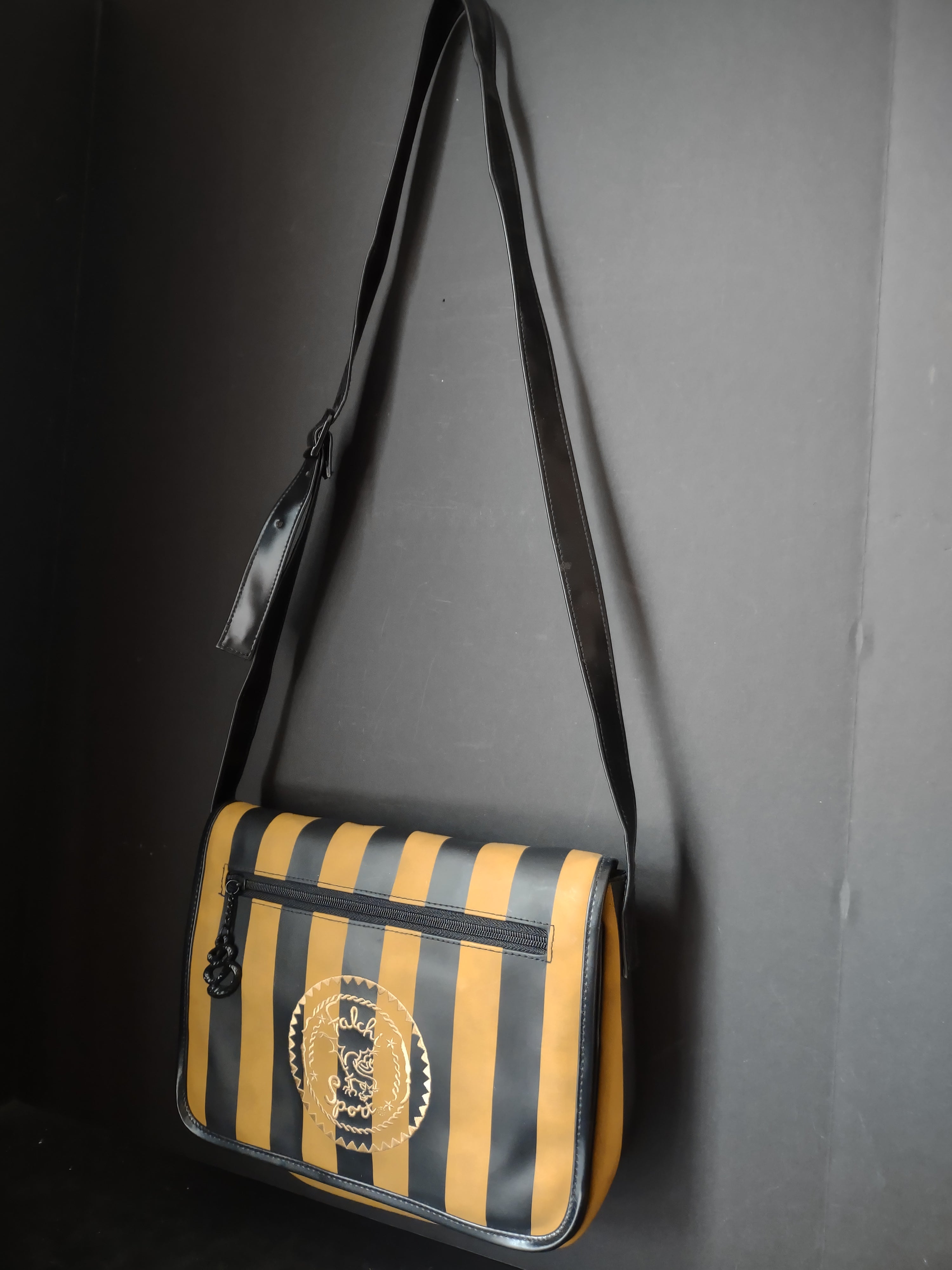 Vintage Falchi Sport Striped Crossbody Messenger Bag Black Gold [4406]