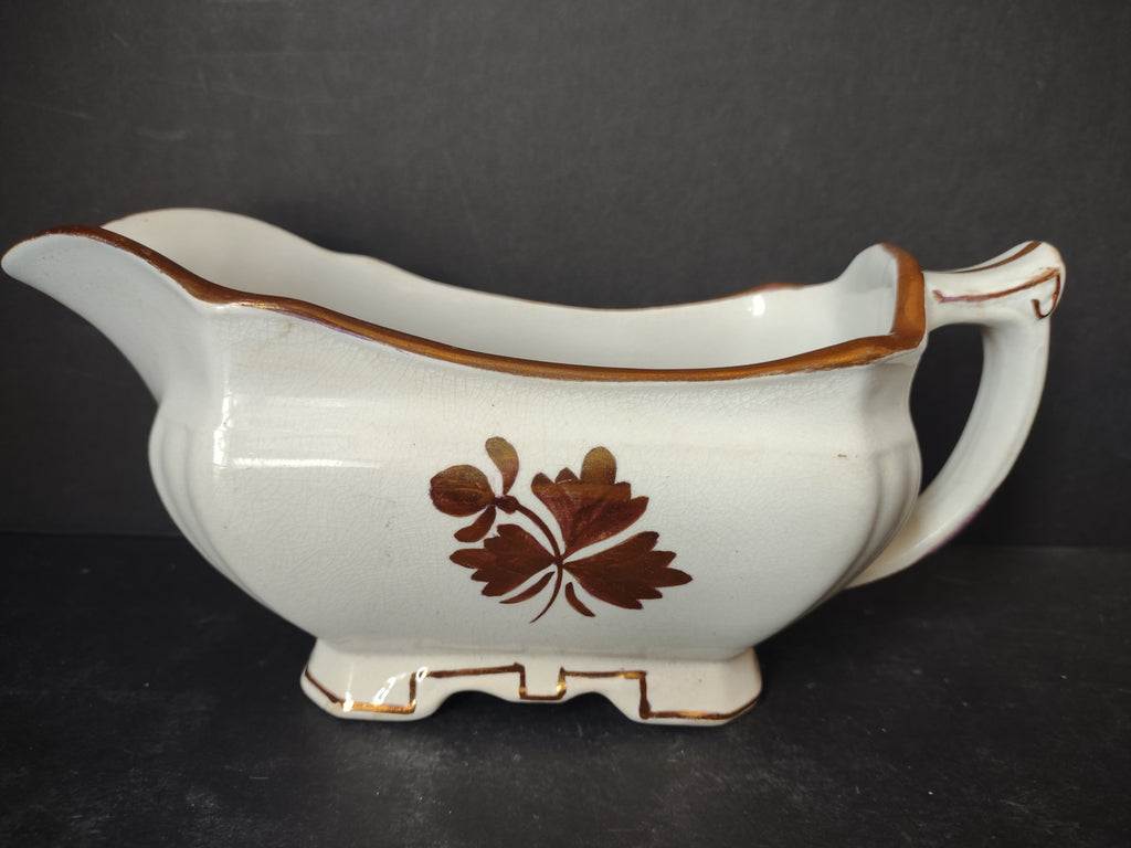 Vintage Meakin Royal Ironstone Tea Leaf Gravy Sauce Boat Brown Transferware [5963]