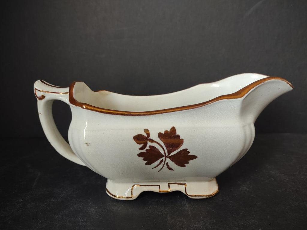 Vintage Meakin Royal Ironstone Tea Leaf Gravy Sauce Boat Brown Transferware [5963]