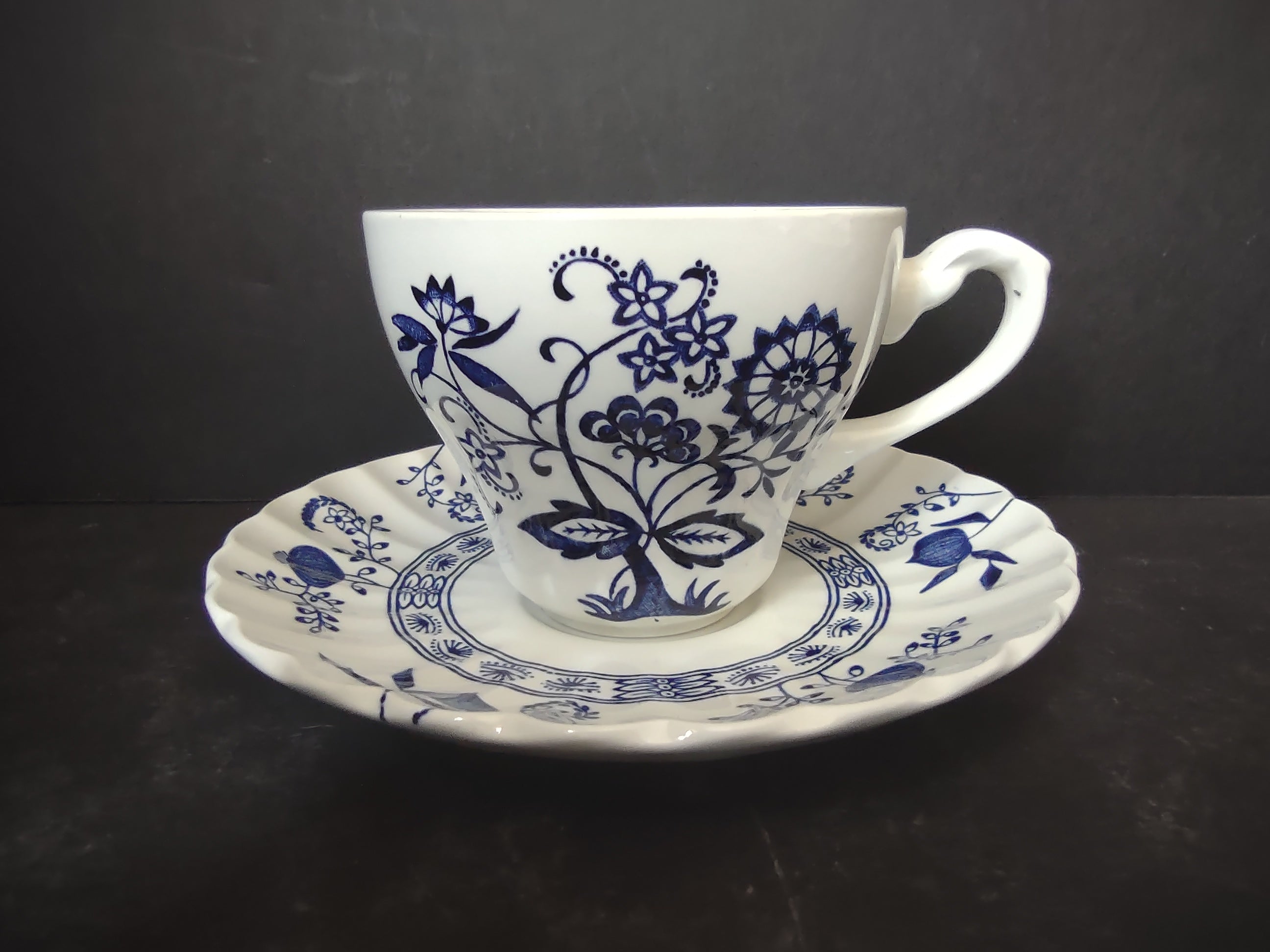 Vintage Enoch Wedgwood Blue Heritage Cup Saucer Set Cobalt Floral England [5986]