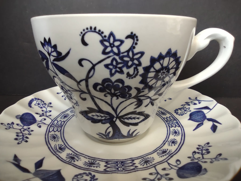 Vintage Enoch Wedgwood Blue Heritage Cup Saucer Set Cobalt Floral England [5986]
