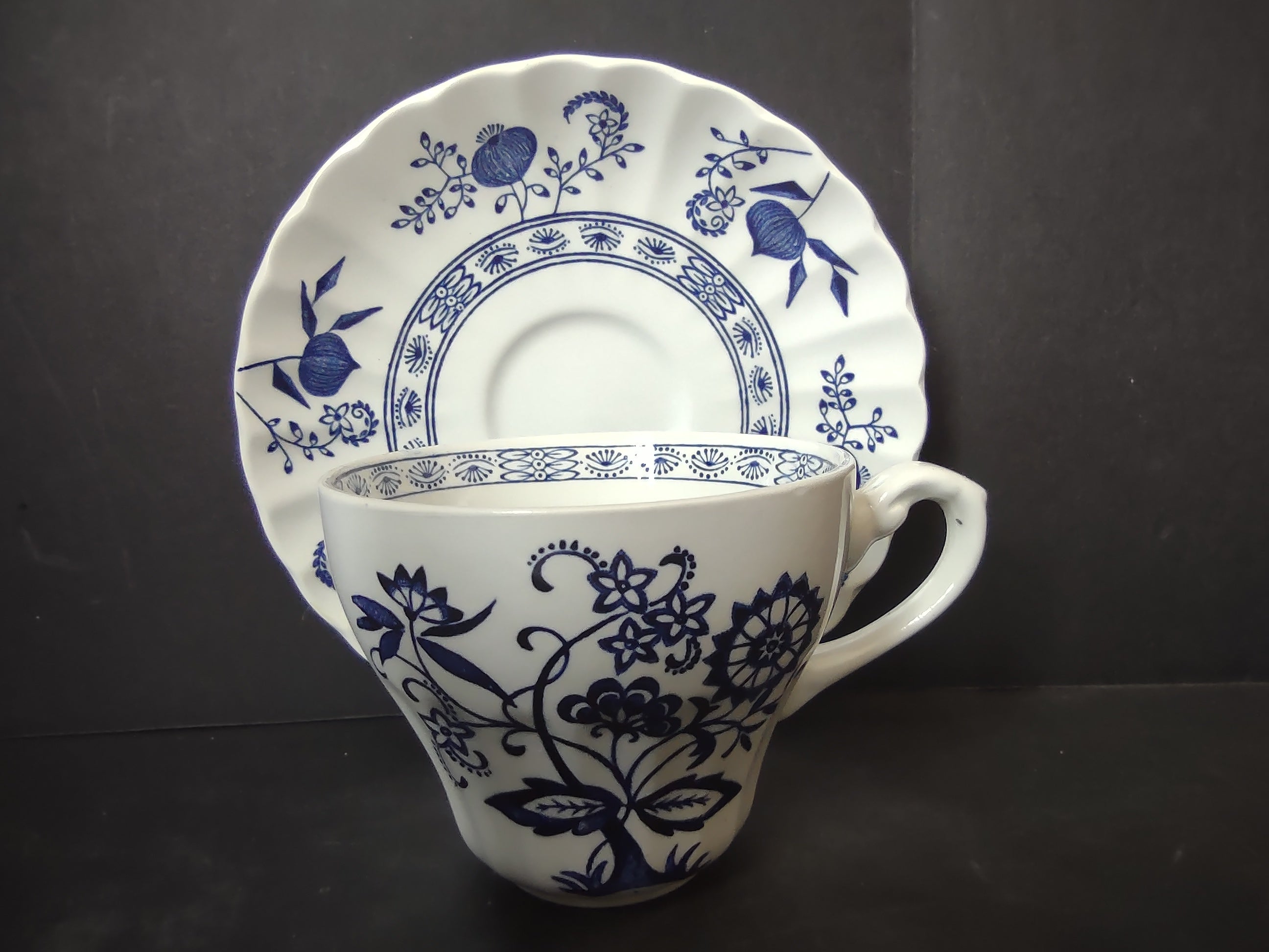 Vintage Enoch Wedgwood Blue Heritage Cup Saucer Set Cobalt Floral England [5986]
