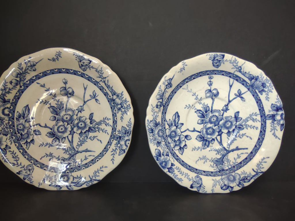 Vintage Meakin Medway Heavy Crazing Blue Floral Saucer Plate Pair England [5987]