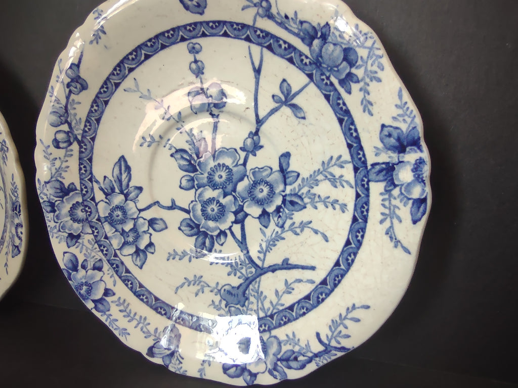 Vintage Meakin Medway Heavy Crazing Blue Floral Saucer Plate Pair England [5987]