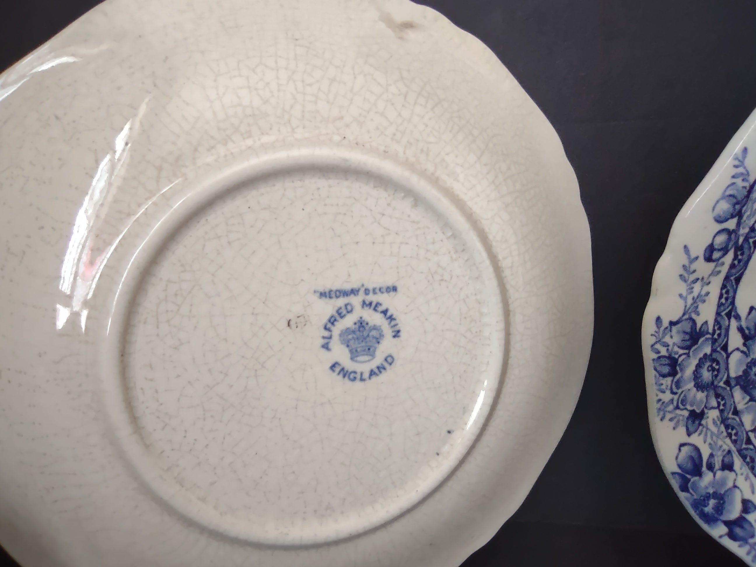 Vintage Meakin Medway Heavy Crazing Blue Floral Saucer Plate Pair England [5987]