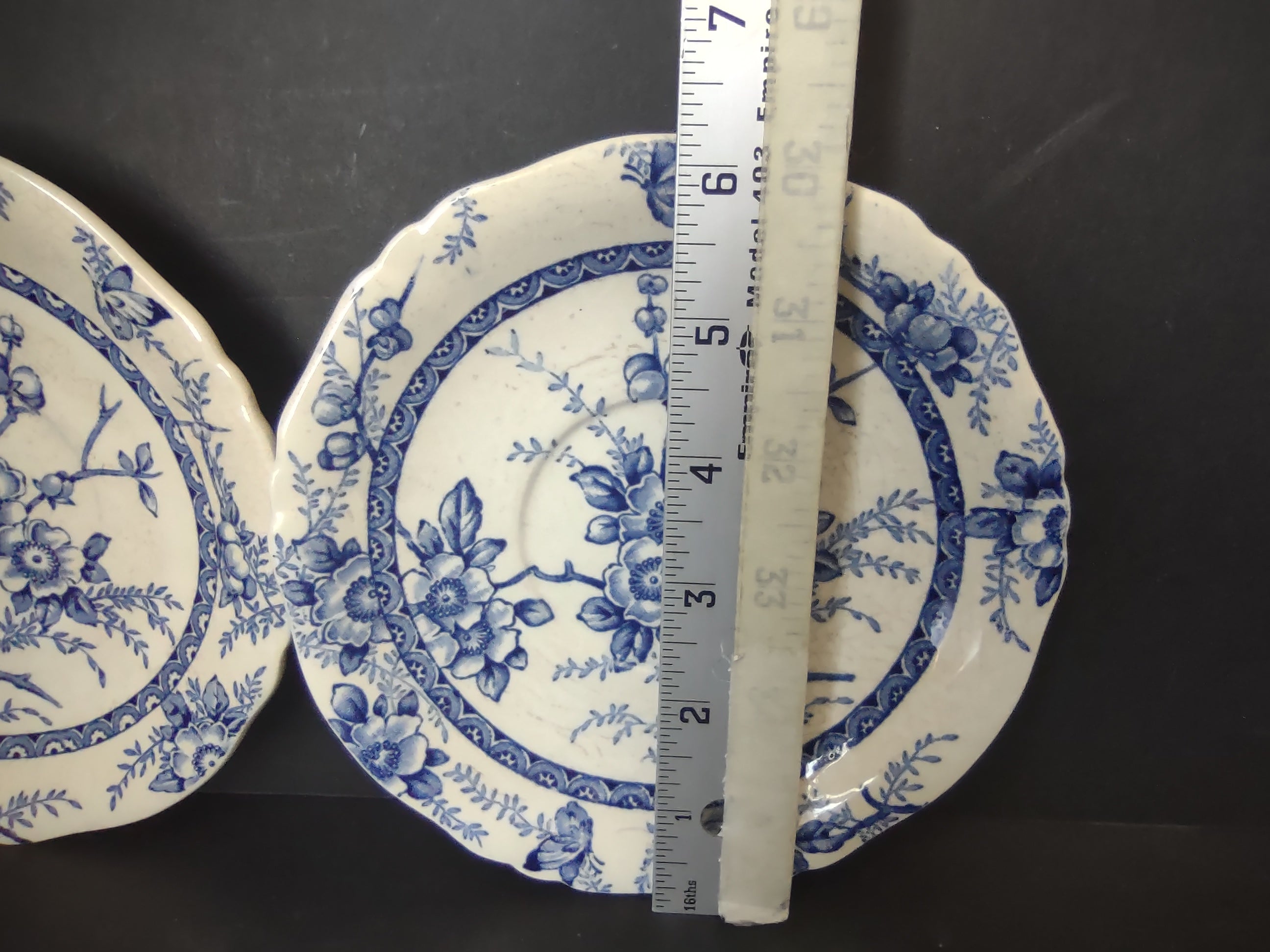 Vintage Meakin Medway Heavy Crazing Blue Floral Saucer Plate Pair England [5987]