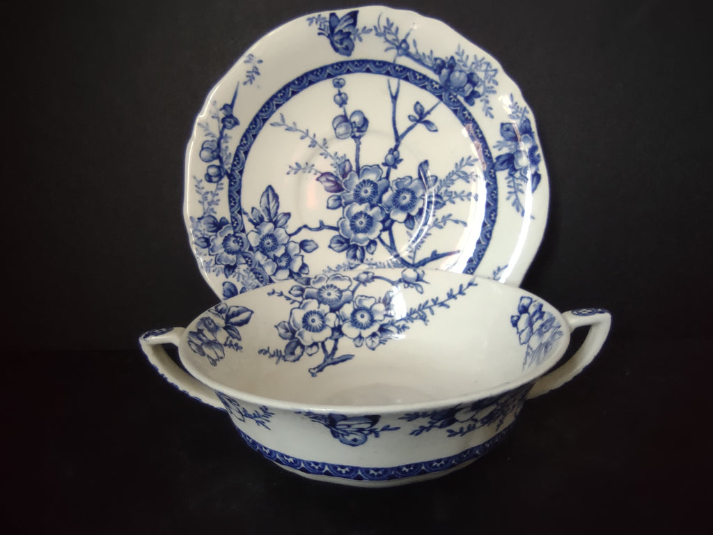 Vintage Alfred Meakin Medway Blue White Cream Soup Bowl Saucer Set [5992]